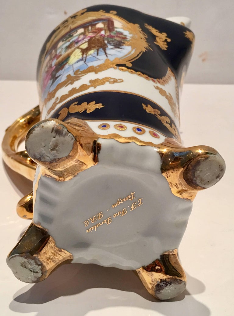 Vintage French Sevres Style Limoges Cobalt and Gold Footed Pitcher For
