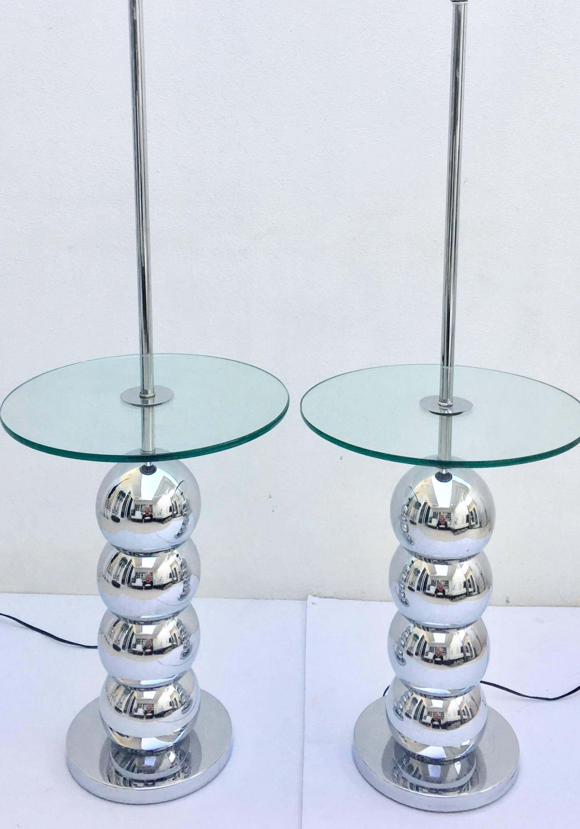 American Pair of Mid-Century Modern Laurel Style Chrome Ball & Glass Table Floor Lamps For Sale