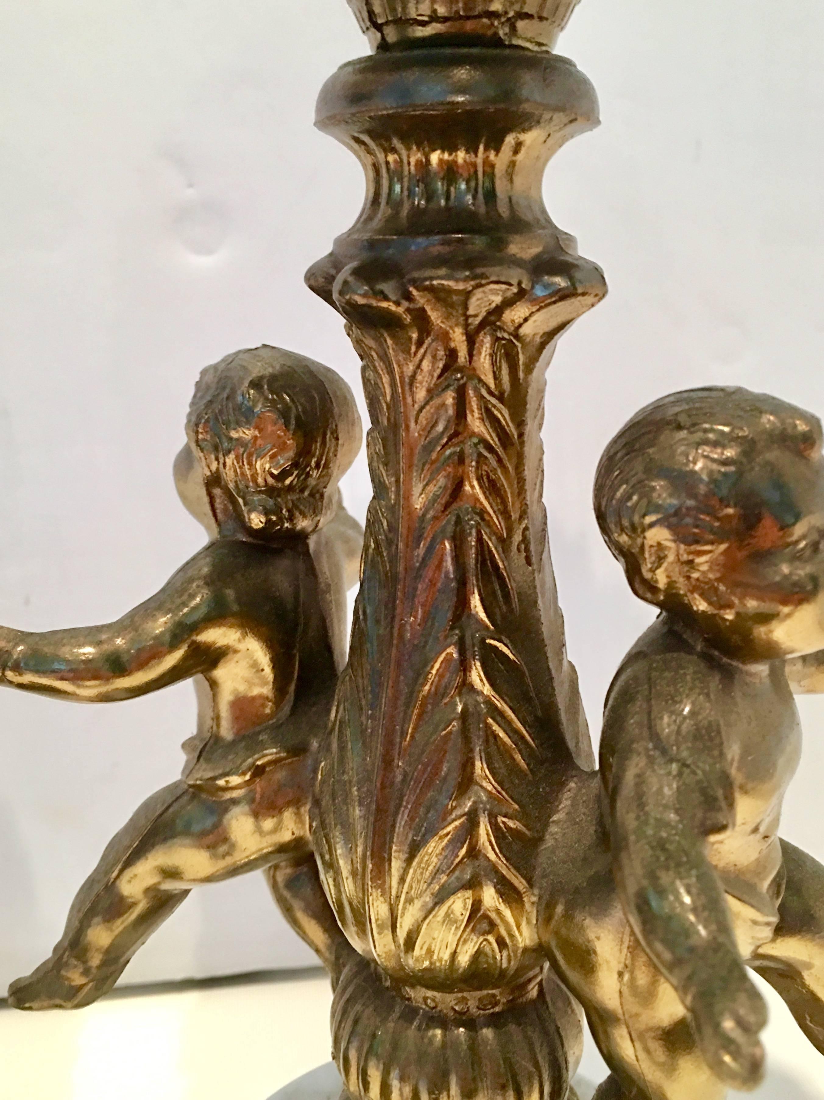 Brass Pair of French Style Bronze Ormolu and Marble Putti Electrified Oil Lamps