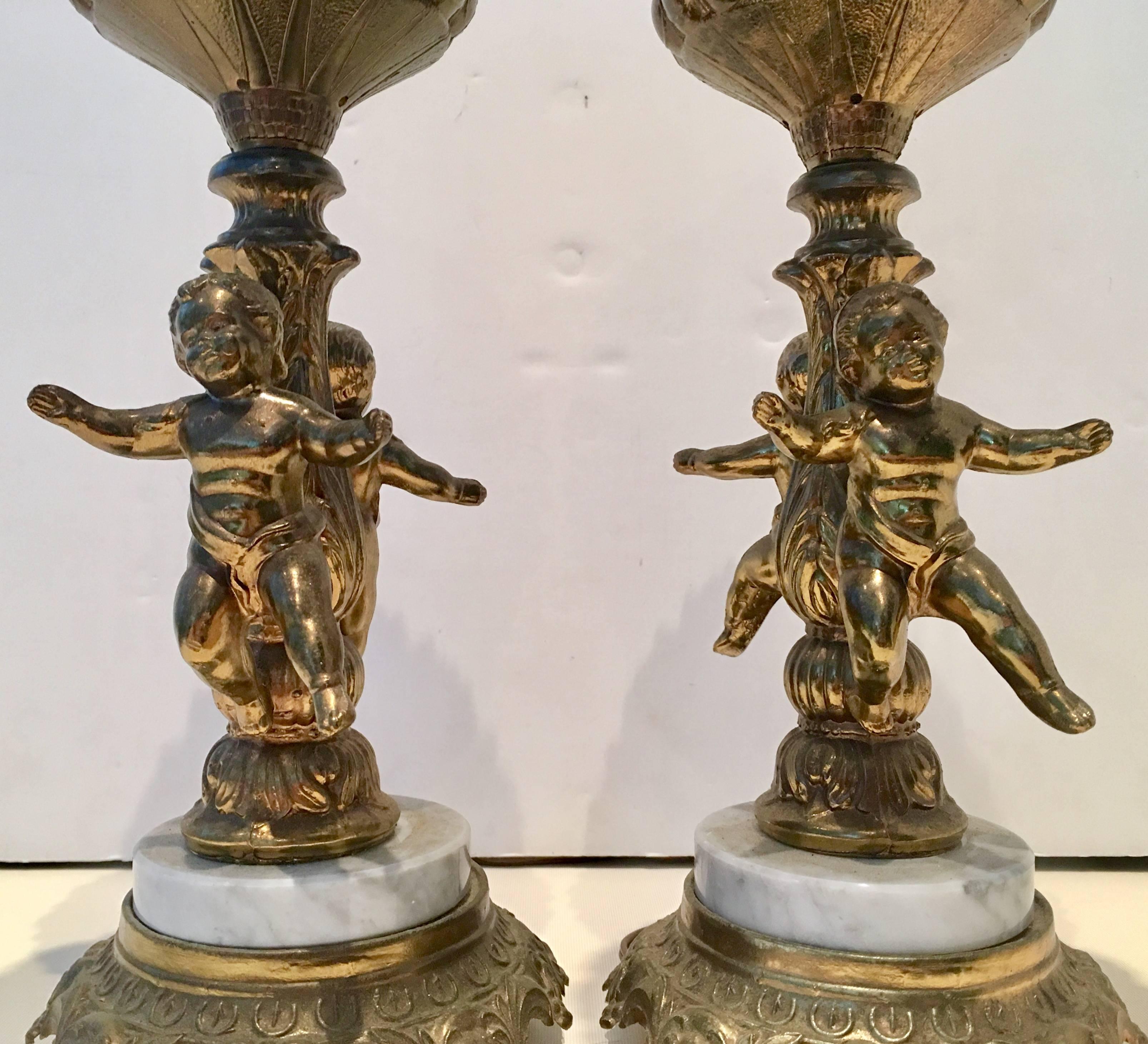 20th Century Pair of French Style Bronze Ormolu and Marble Putti Electrified Oil Lamps