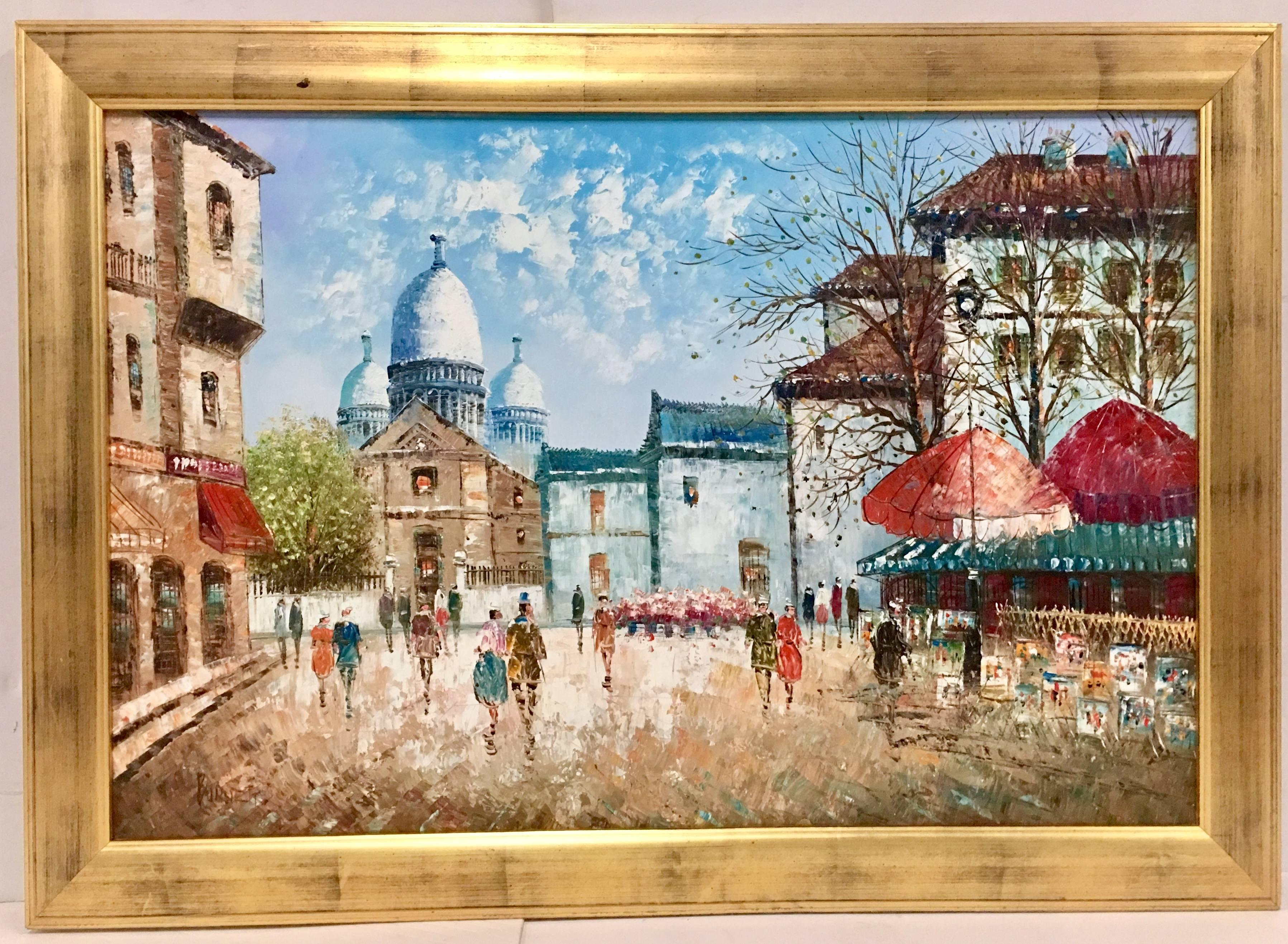 Mid-Century Original Oil On Canvas Painting & Gilt Wood Frame Signed, Burnett. This Impressionist Paris Street Scene Near the Sacre Coeur, painting features a vivid and cheerful color palette and depicts 