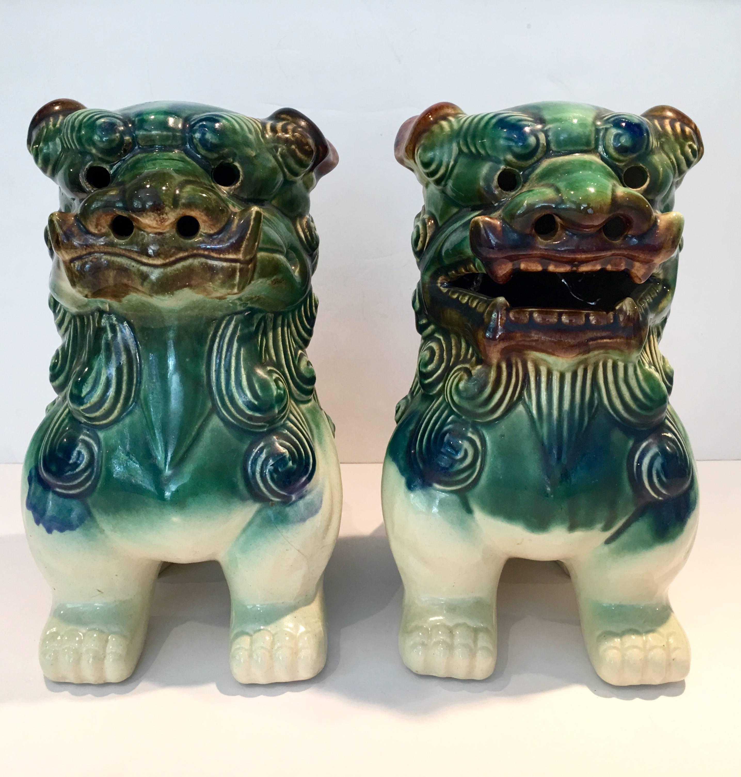 Chinese Export Vintage Pair of Chinese Ceramic Glaze Polychrome Foo Dogs
