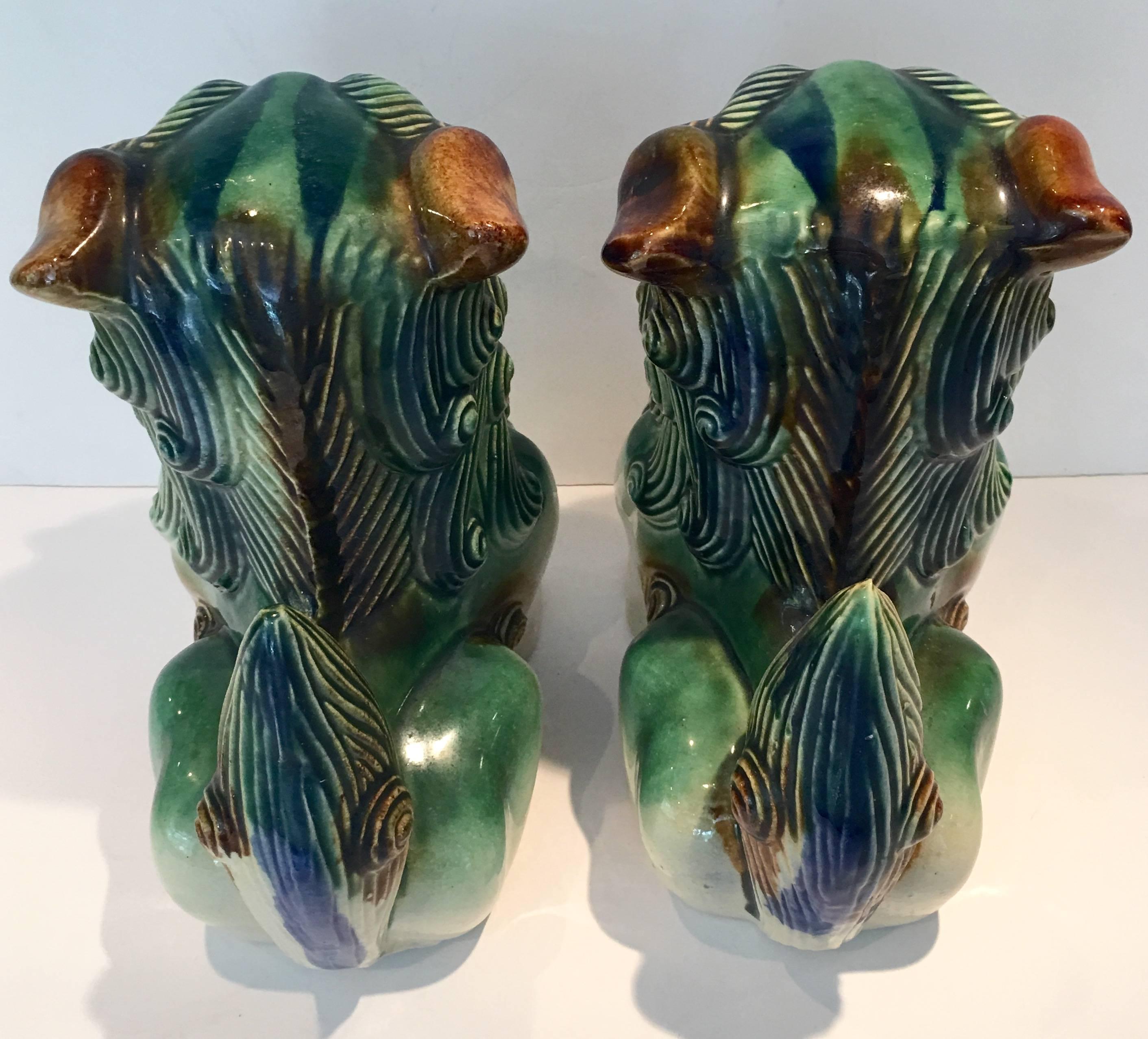 20th Century Vintage Pair of Chinese Ceramic Glaze Polychrome Foo Dogs