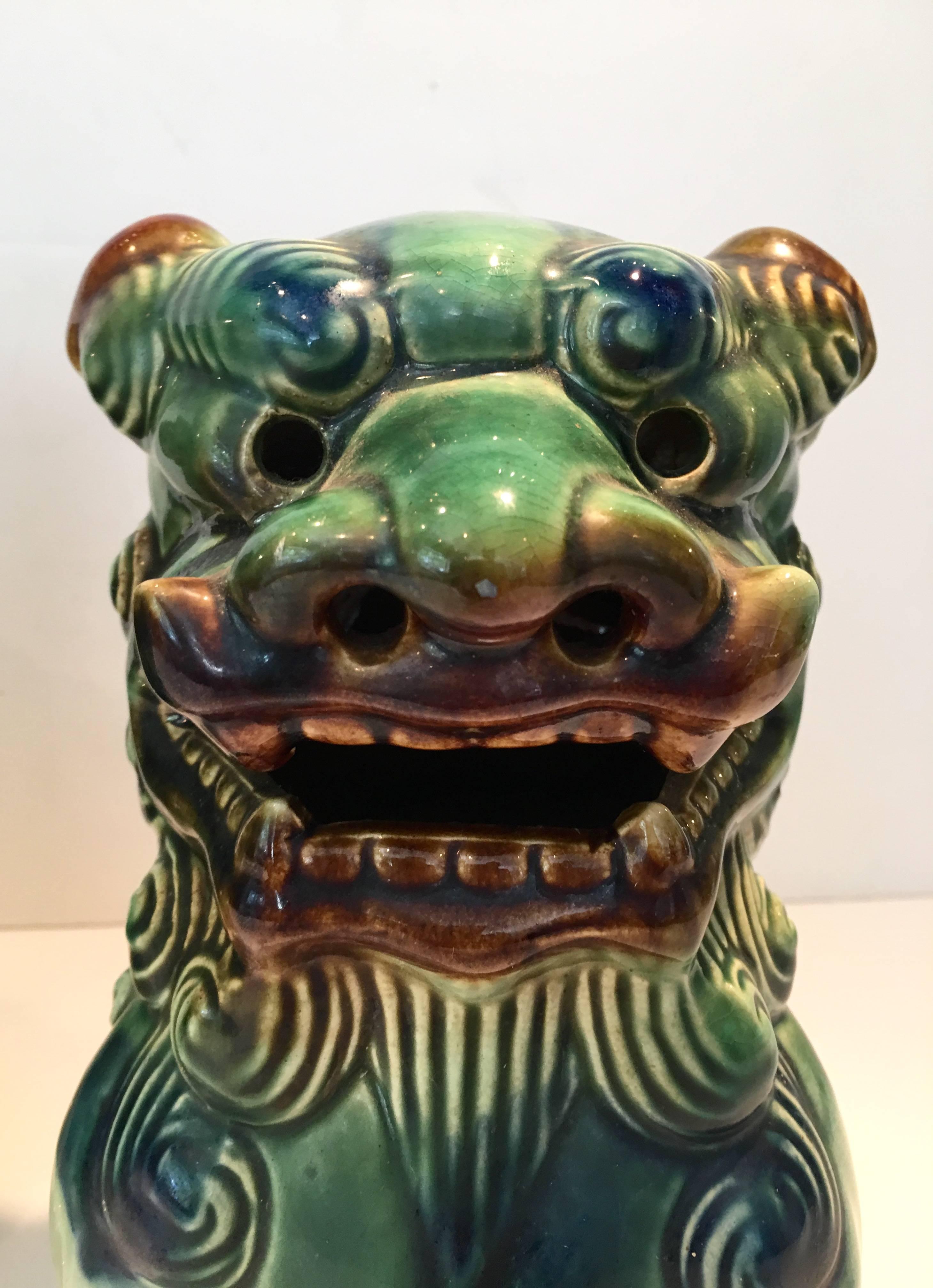 Vintage Pair of Chinese Ceramic Glaze Polychrome Foo Dogs 1