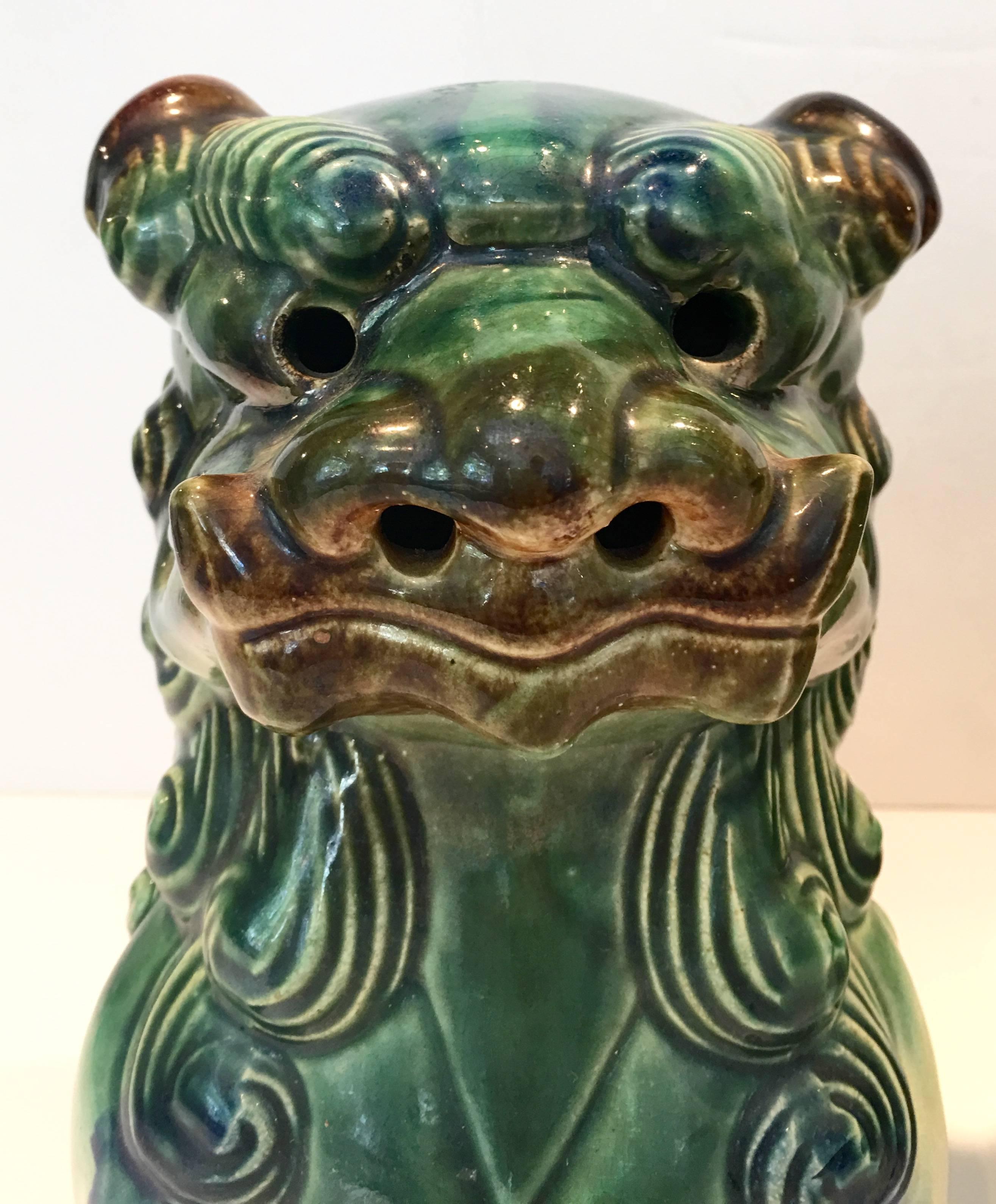 Vintage Pair of Chinese Ceramic Glaze Polychrome Foo Dogs 2