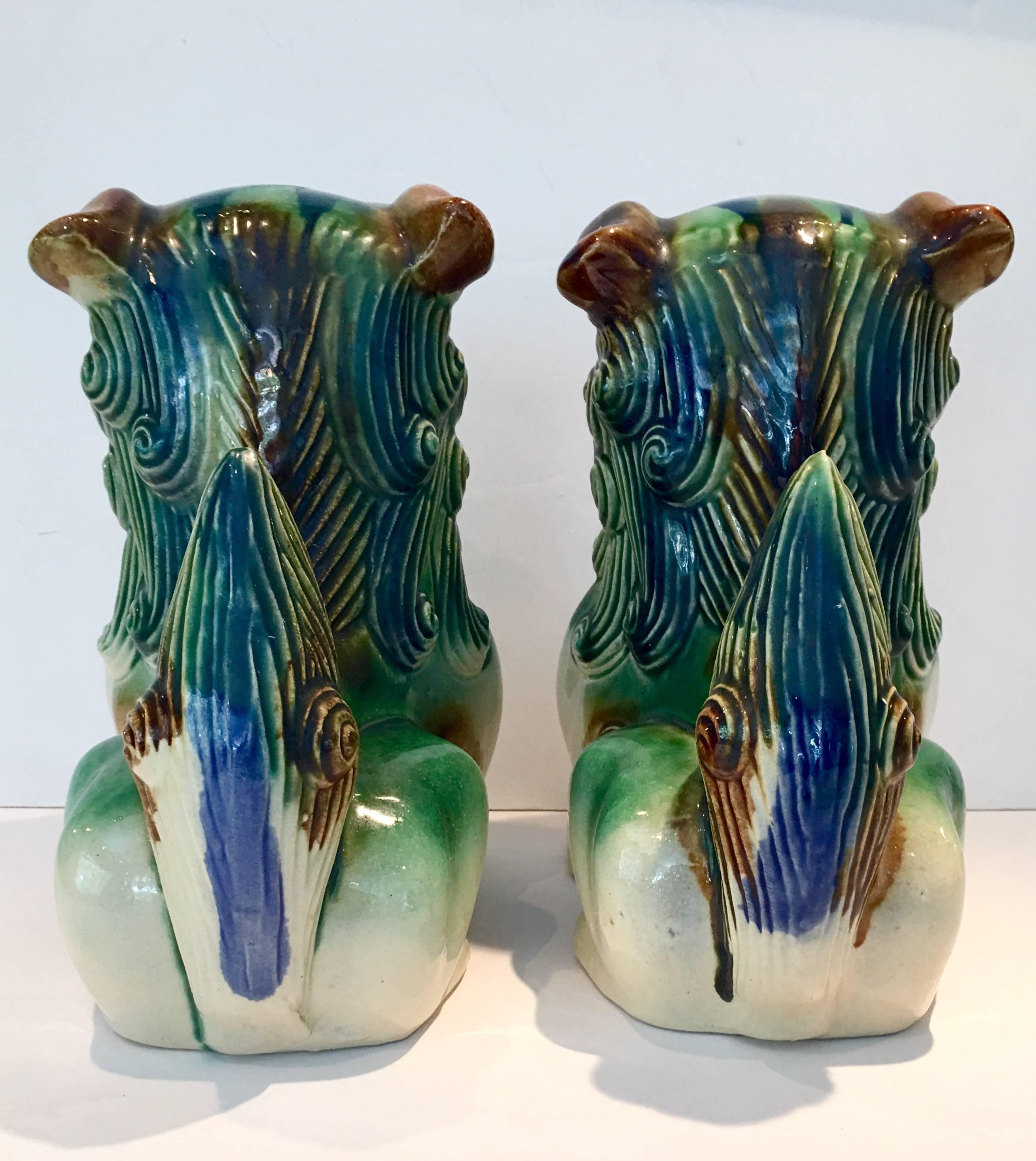 Vintage Pair of Chinese Ceramic Glaze Polychrome Foo Dogs In Excellent Condition In West Palm Beach, FL