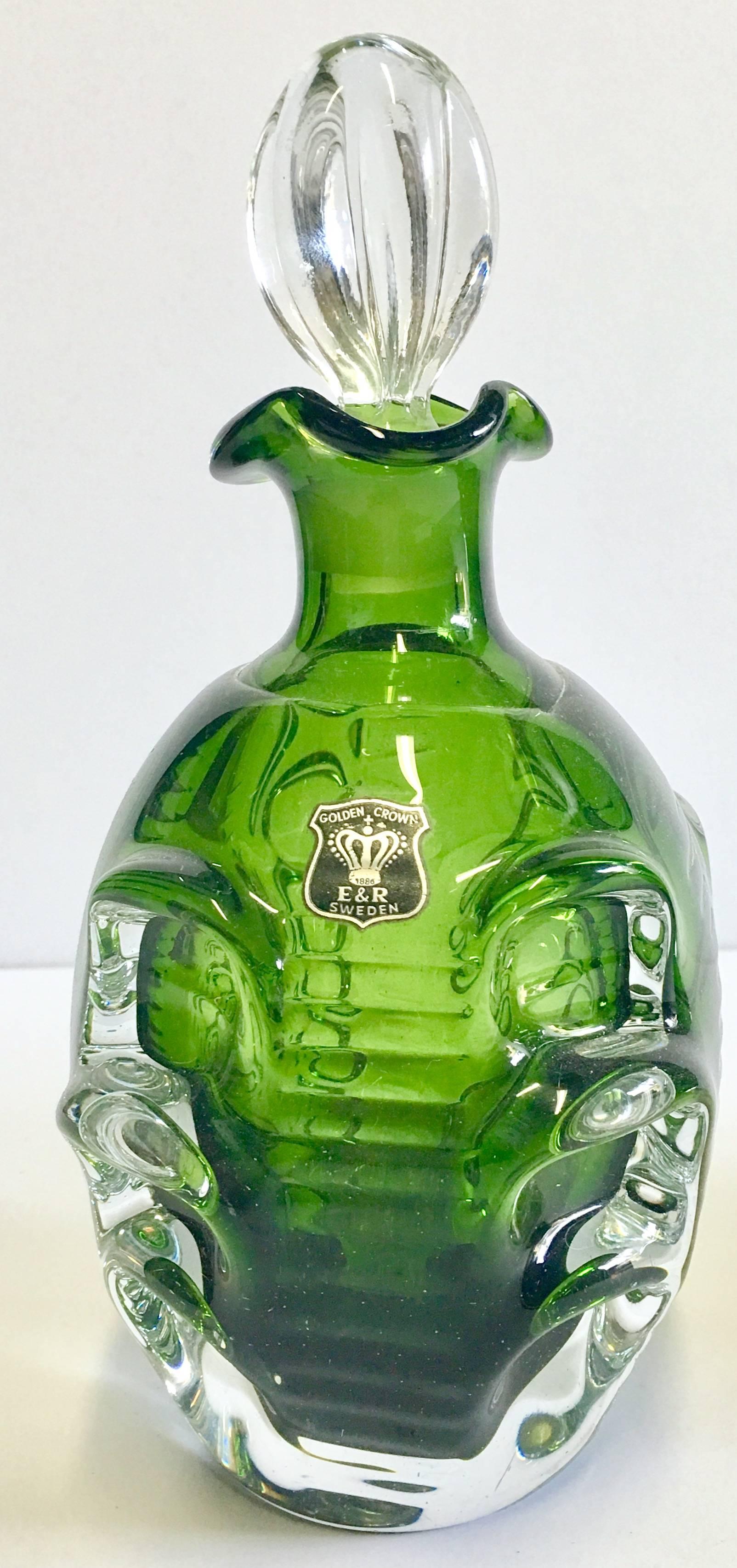 20th Century Pair Of Mid-Century Modern Swedish Emerald Green Blown Glass Decanters For Sale