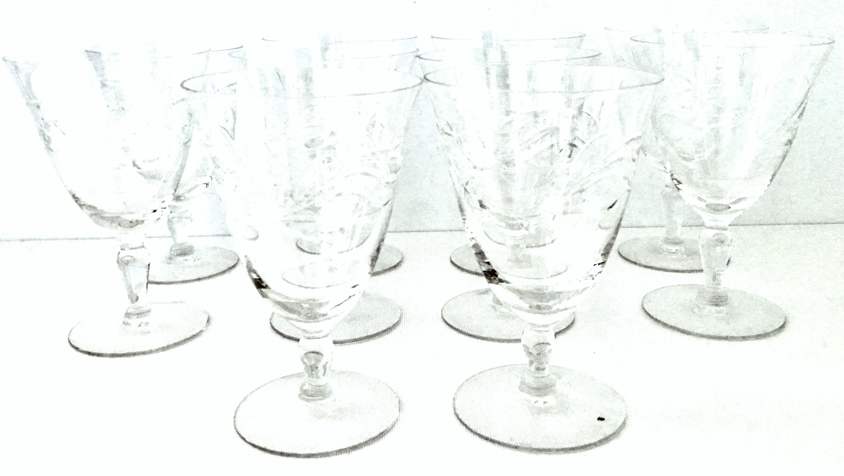 1930'S American etched crystal stem glasses, Set of ten pieces. Features a floral vine pattern.