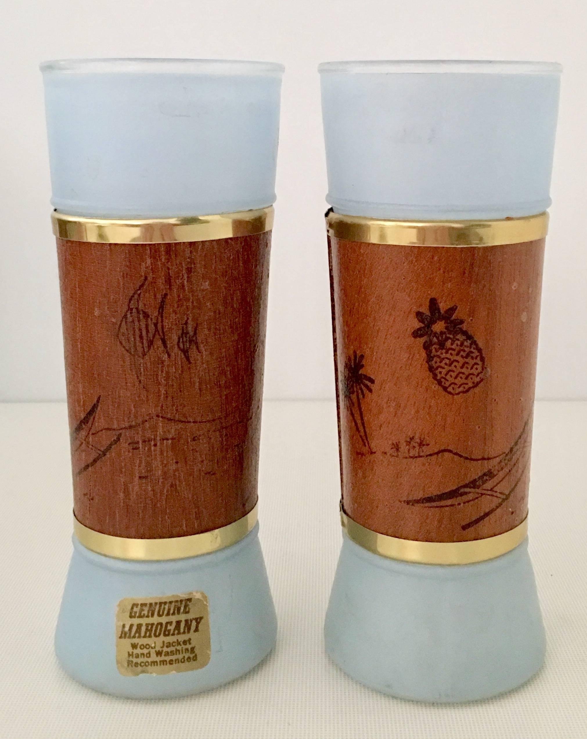 Mid-Century Modern 1950'S Frosted Glass, Brass & Mahogany Wrapped Tumbler Set Of Nine
