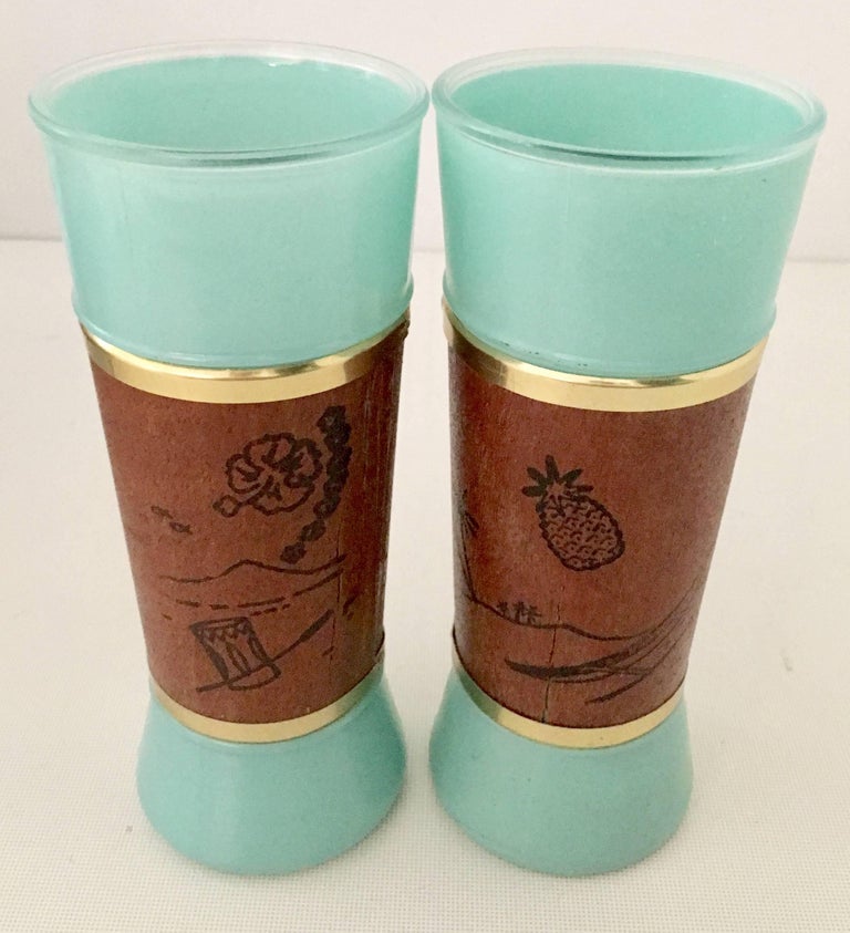 1950''S Frosted Glass, Brass and Mahogany Wrapped Tumbler Set Of Nine