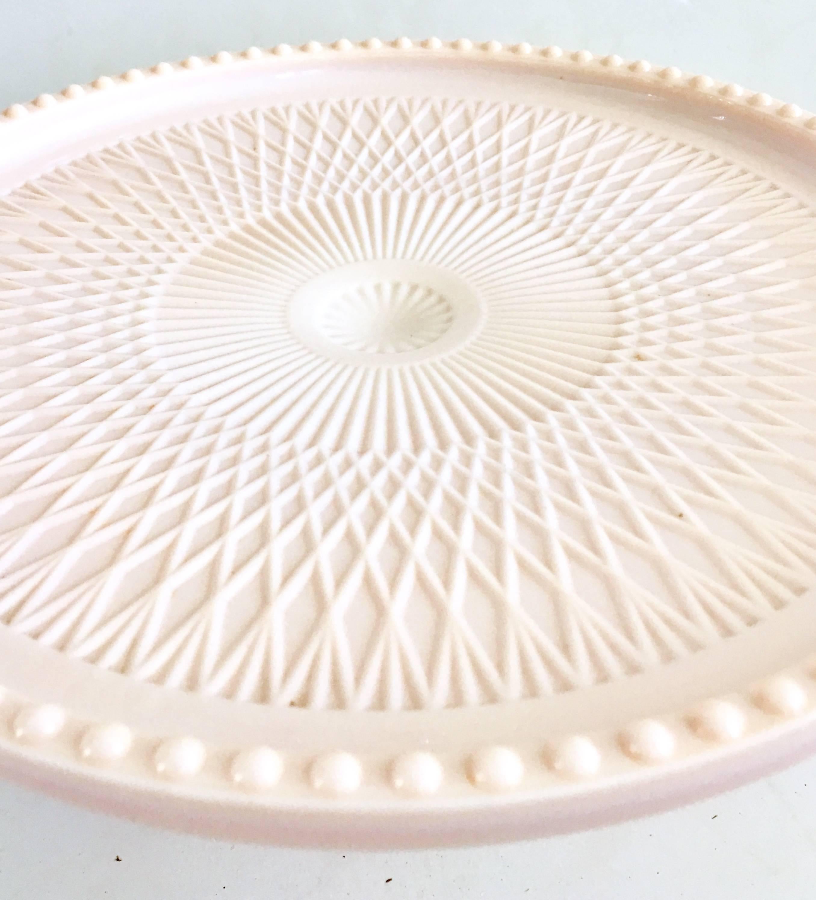 1950s American Pink Milk Glass Pedestal Cake Plate and Footed Bowl Set of Two 3