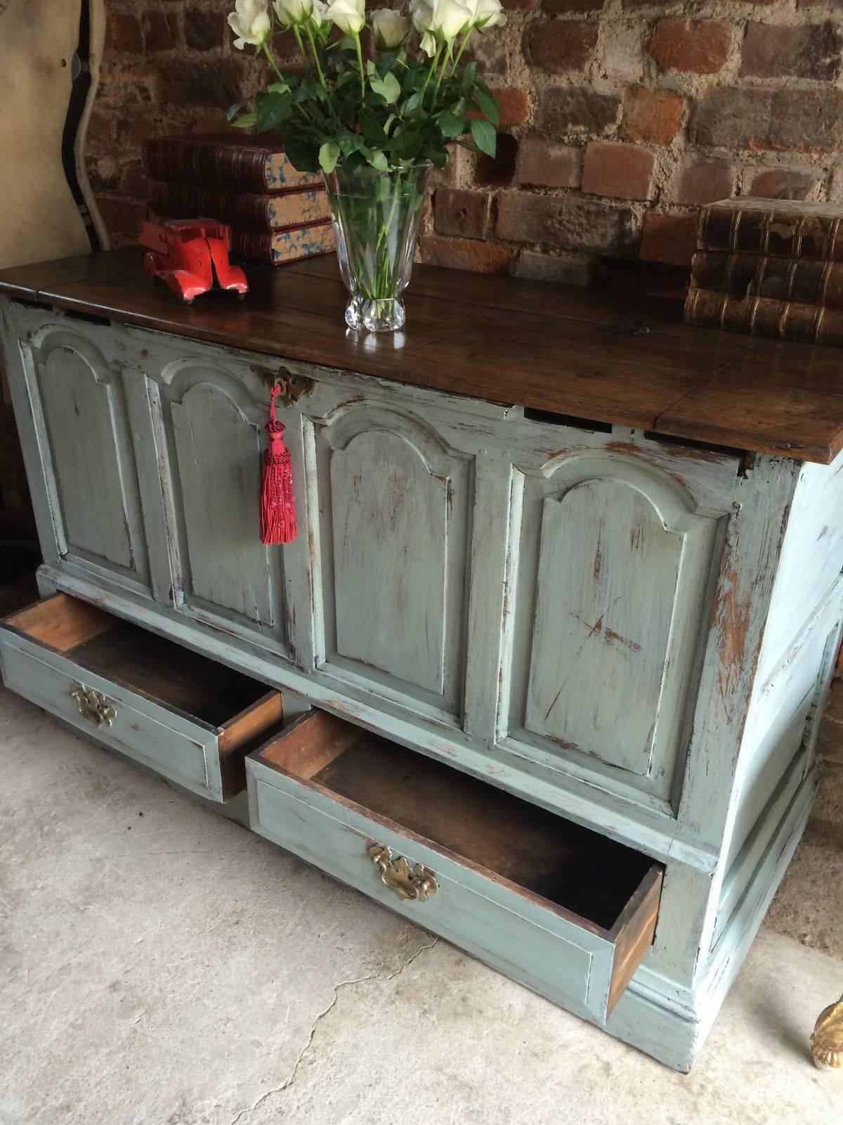 A French painted antique 18th century solid oak mule chest large enough to use as a sideboard, the rectangular planked hinged top with opening to storage with small candle box, panelled front over two drawers with brass handles, raised on a plinth
