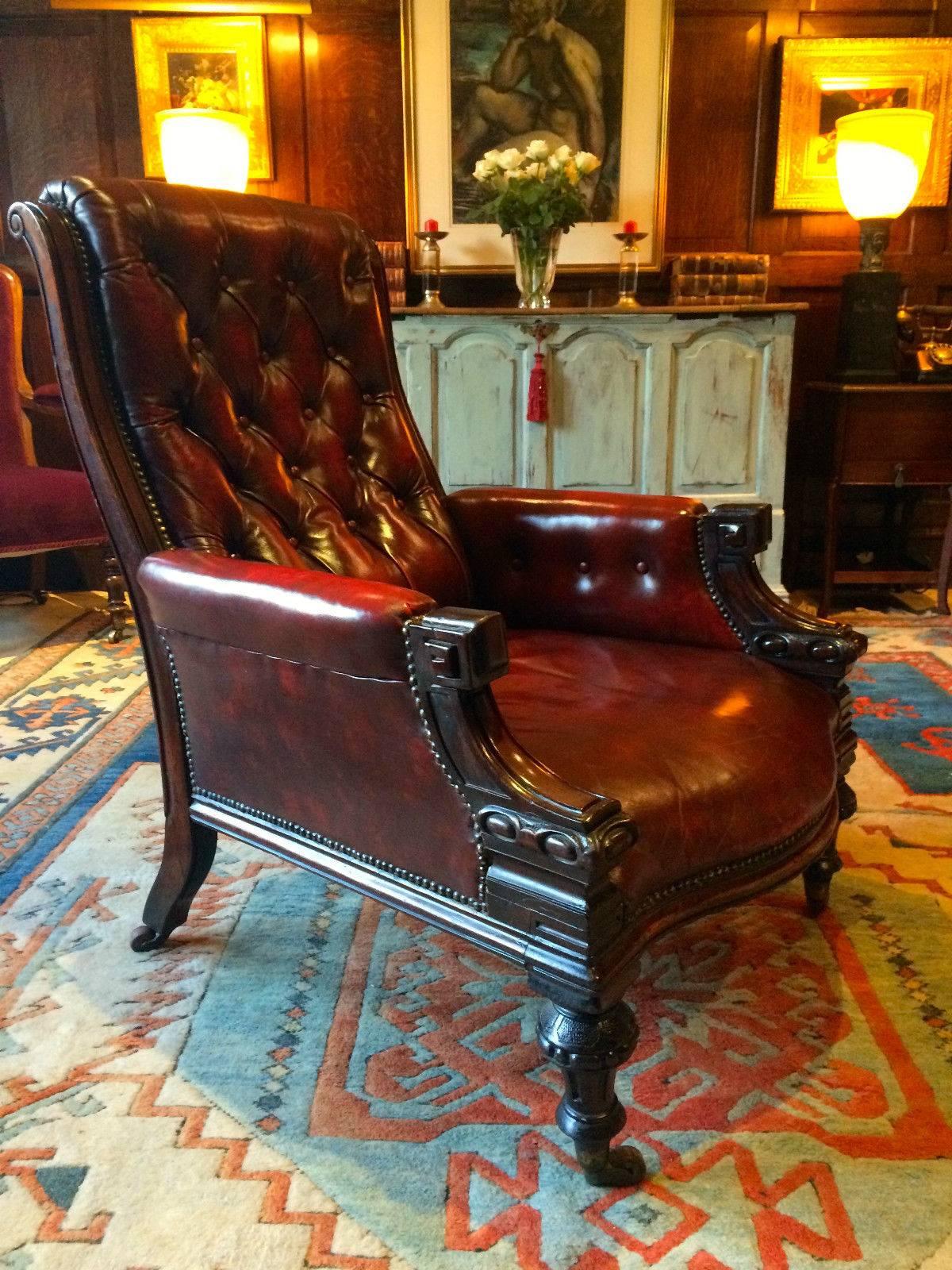 Antique Victorian Leather Button-Back Armchair Mahogany, 19th Century In Excellent Condition In Longdon, Tewkesbury