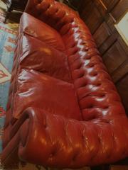 Antique Style Chesterfield Sofa Three-Seat Settee Red Leather Button-Back