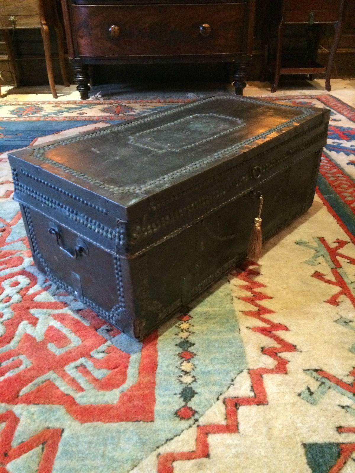 Travel Trunk Chest Coffee Table Leather Brass Studded, 19th Century 2