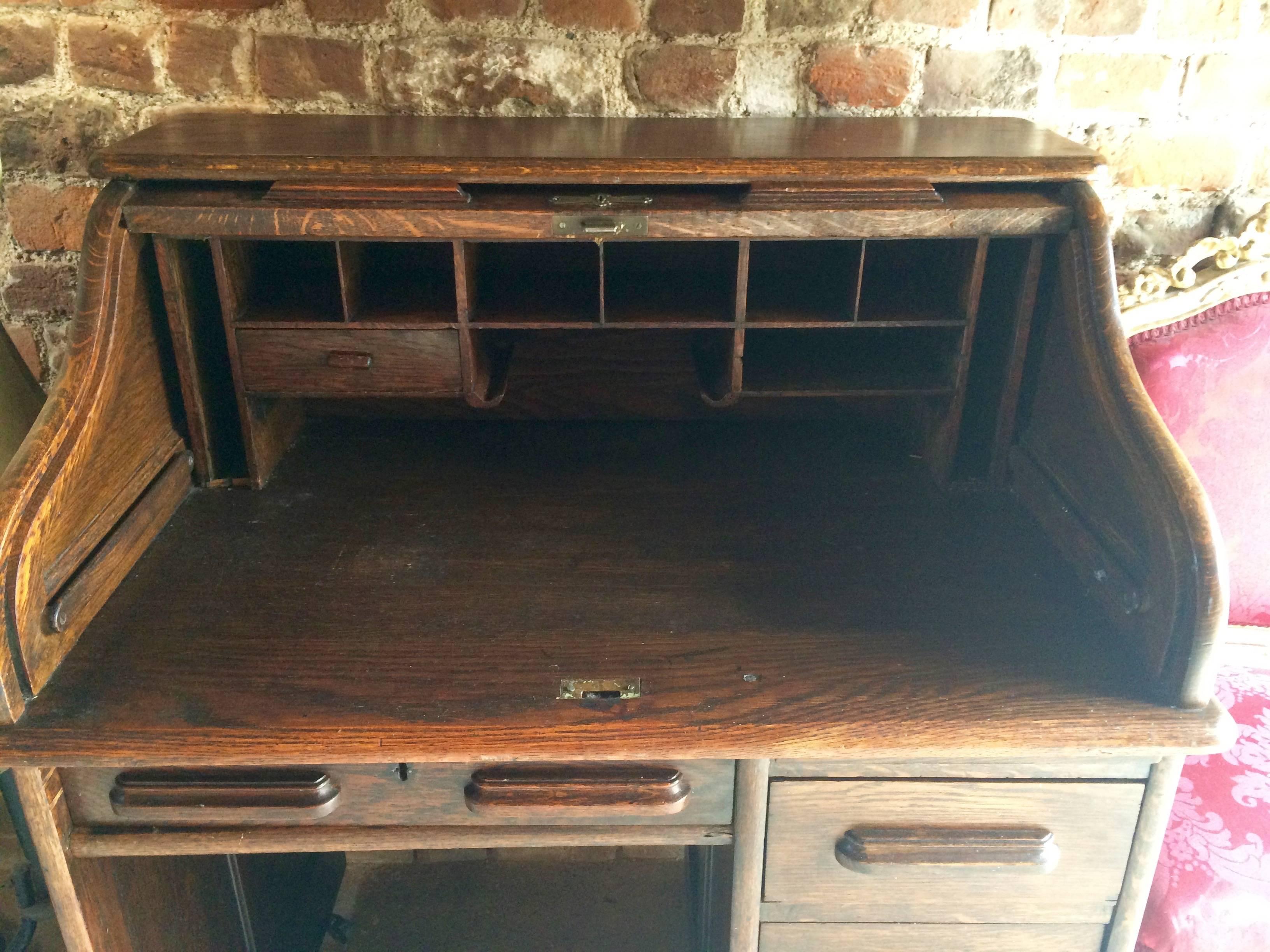 Antique Roll Top Desk Oak Writing Desk Edwardian In Good Condition In Longdon, Tewkesbury