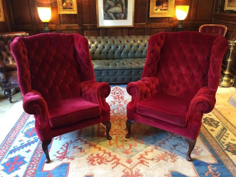 Pair of Antique Style Buttonback Wingback Armchairs Red Velvet