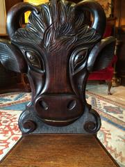Antique Hall Chair 19th Century Solid Mahogany Victorian Carved Bull