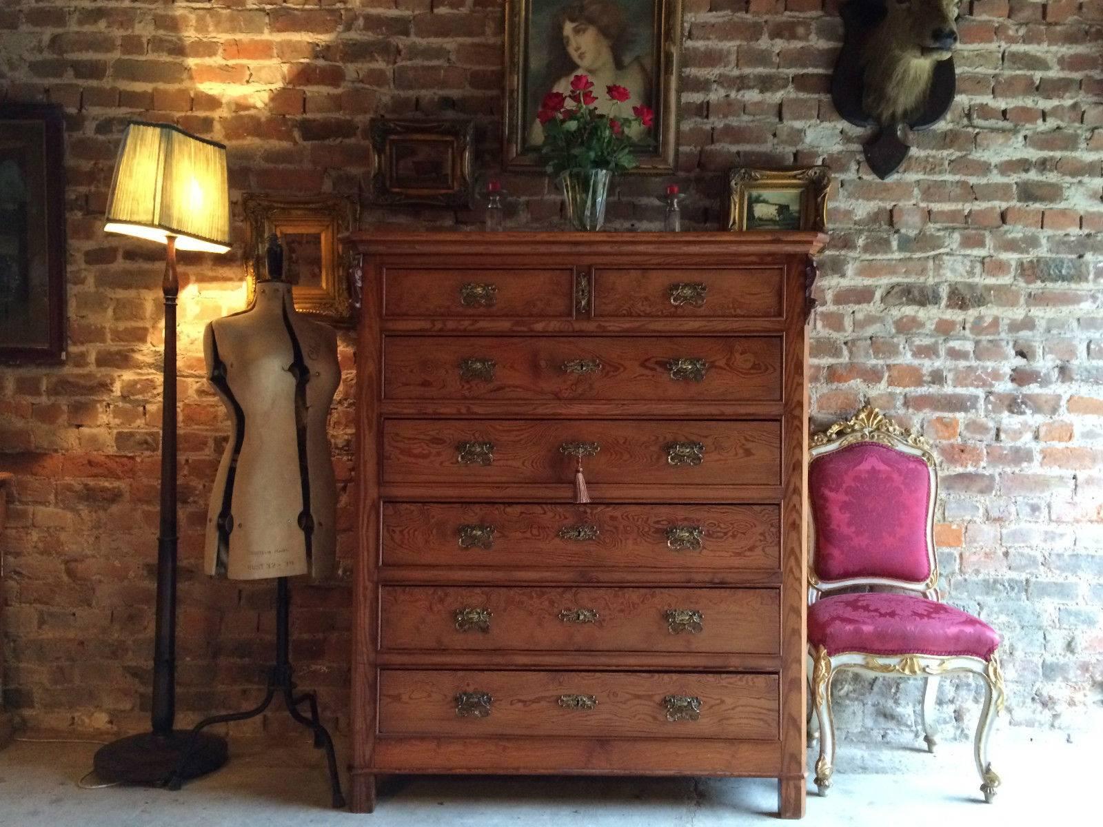A large and imposing set of antique 19th century Victorian pitch pine chest of drawers, rectangular top over two short drawers over five long drawers all with original Victorian brass drop handles, comes with one key and tassel (non-working) please