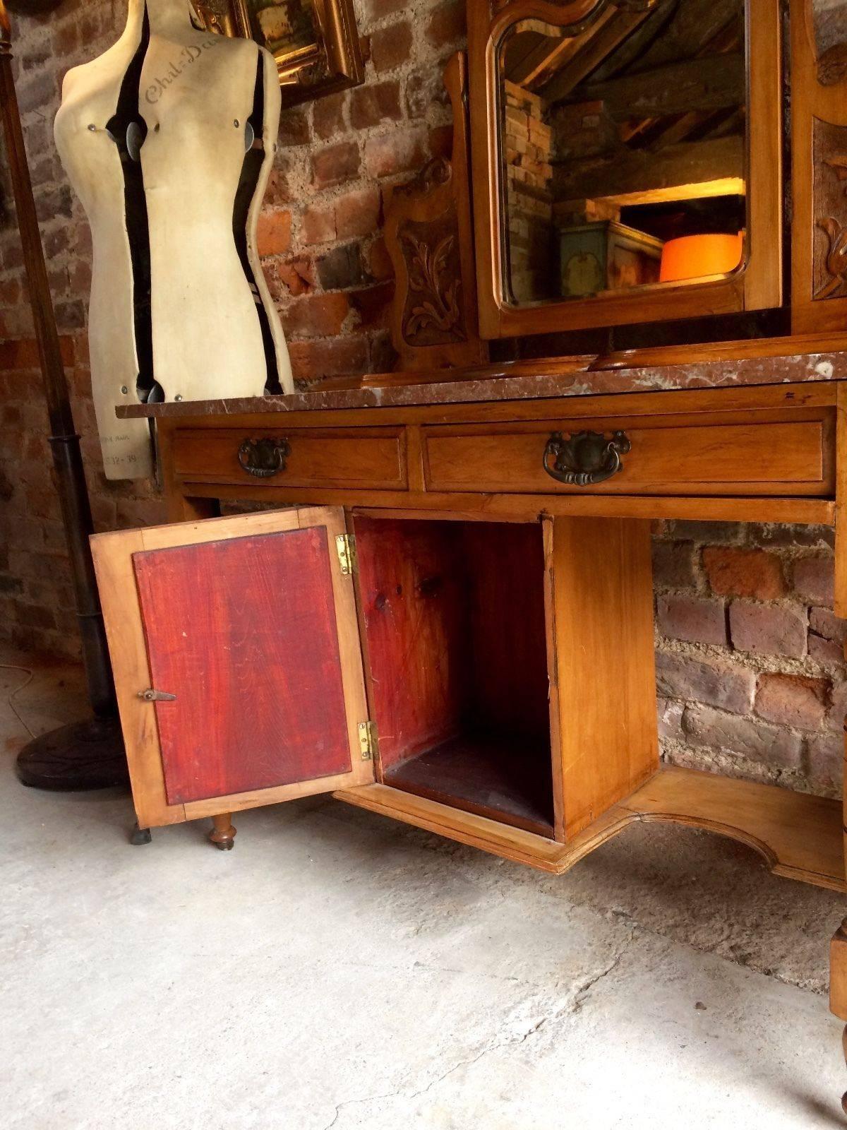 Antique Large Satin Walnut Marble-Topped Washstand, 19th Century Mirror 1