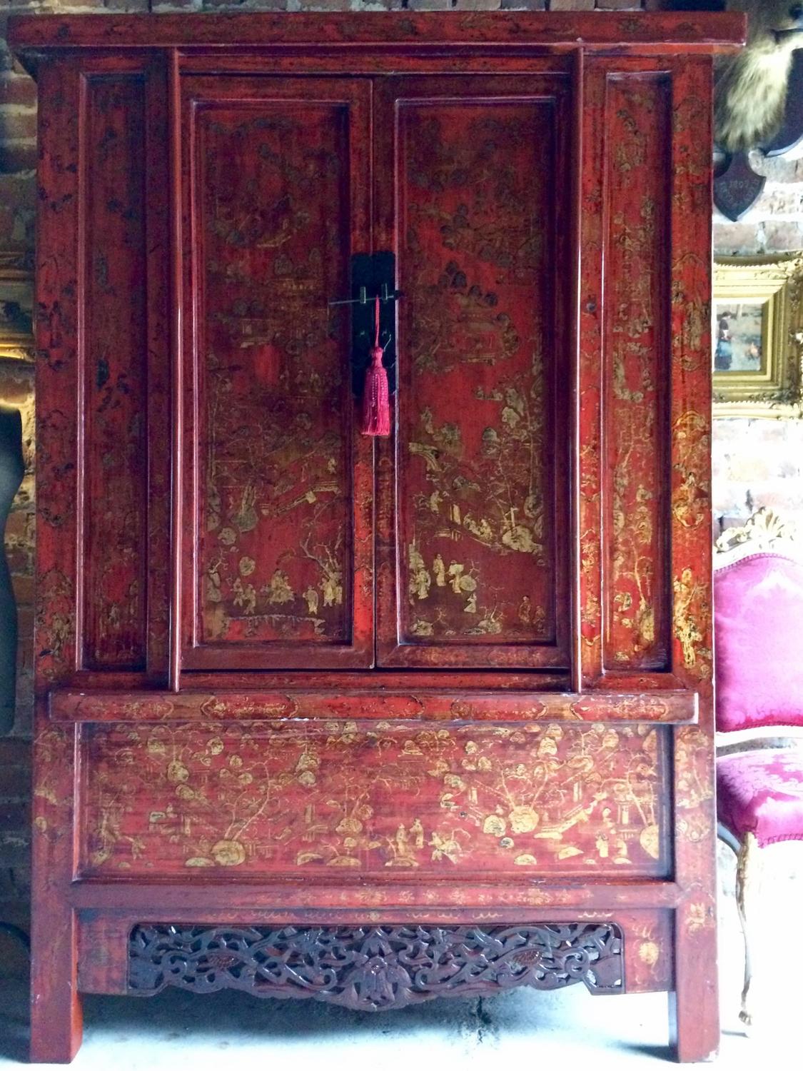 Antique Chinoiserie Wardrobe Armoire Lacquered Oriental Chinese Shanxi