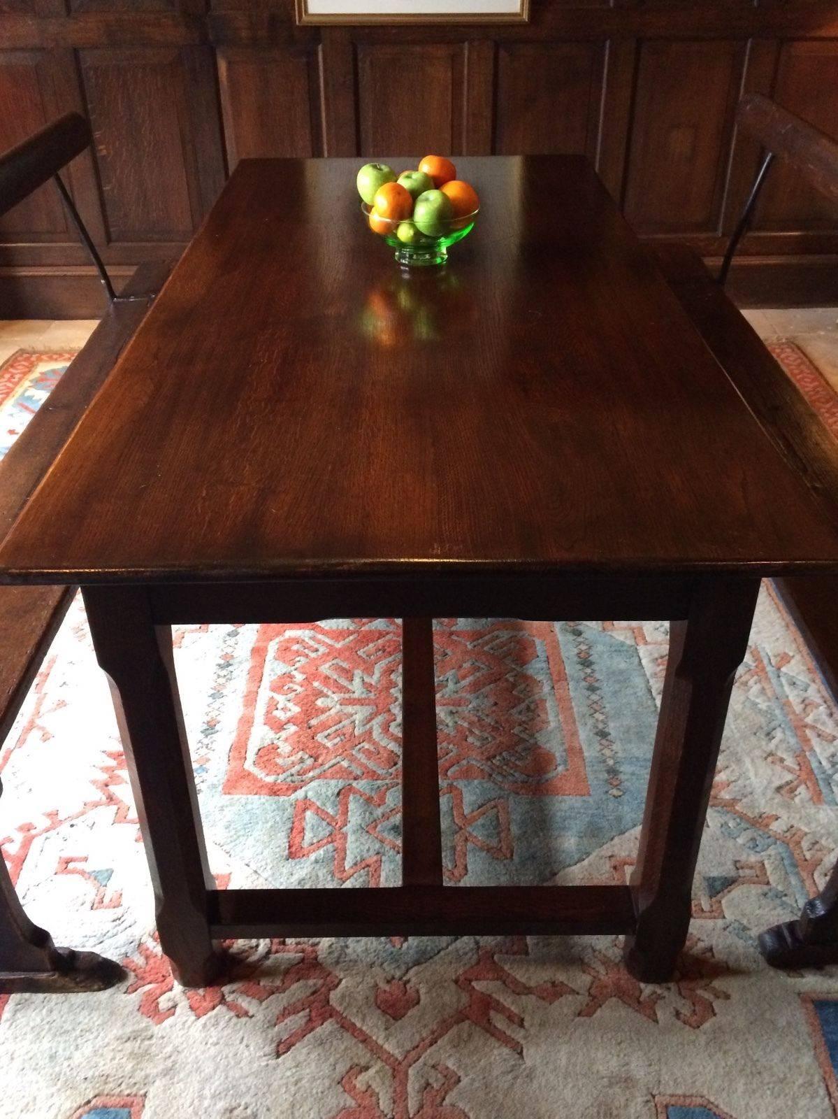 German Gothic Style Refectory Dining Table Solid Oak and Two Railway Benches In Excellent Condition In Longdon, Tewkesbury