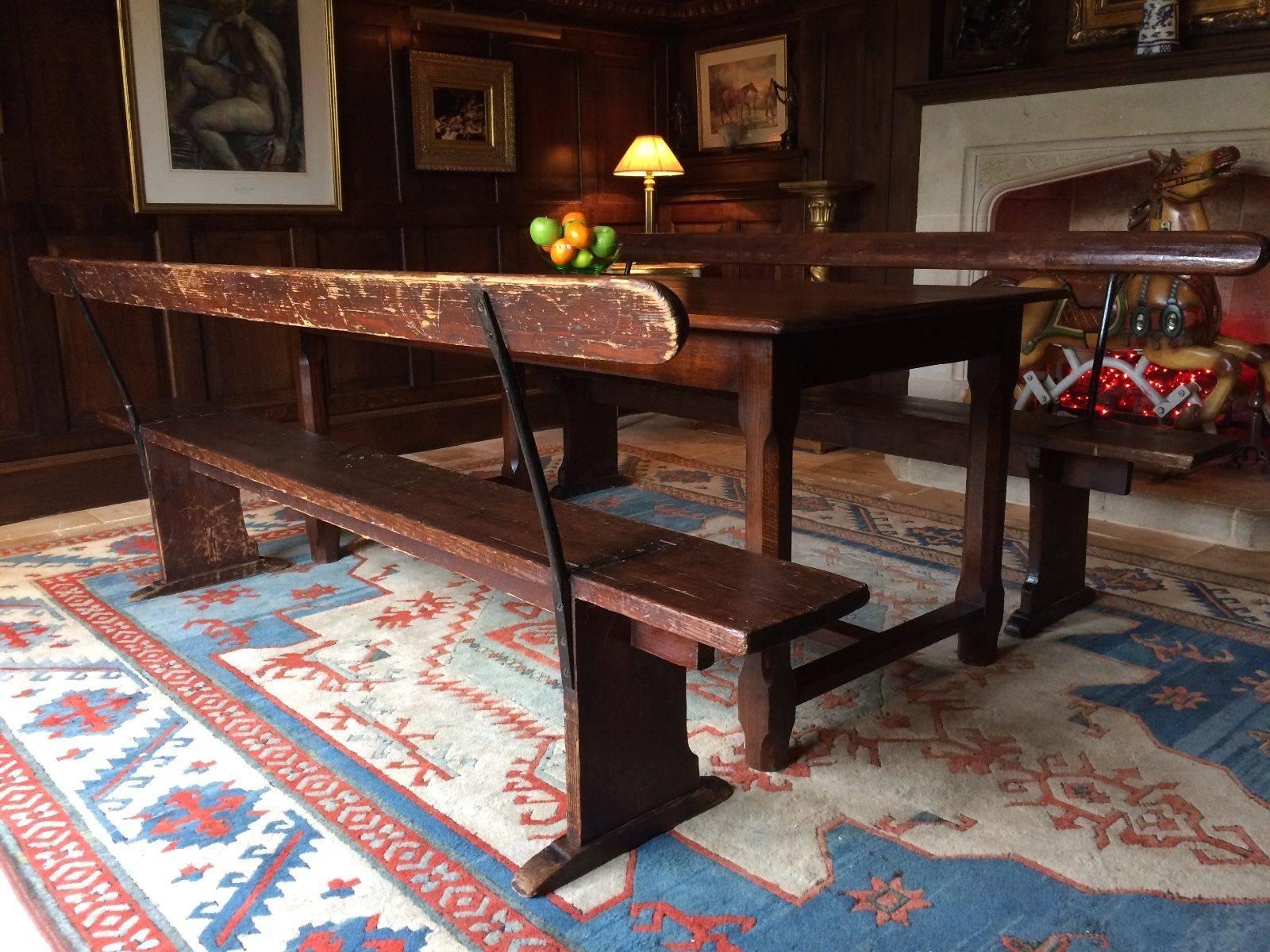 20th Century German Gothic Style Refectory Dining Table Solid Oak and Two Railway Benches