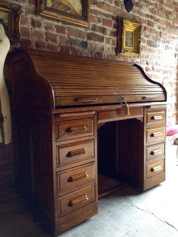 Antique Roll Top Desk Golden Oak Tambour Front Edwardian Early Excellent Quality Early 20th Century Antique Edwardian Golden Oak Tambour Fronted Roll Top Twin
