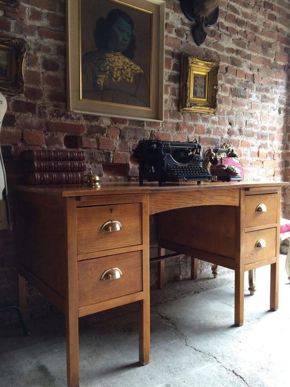 Mid Century Vintage Writing Desk Twin Pedestal Golden Oak Early 1900s