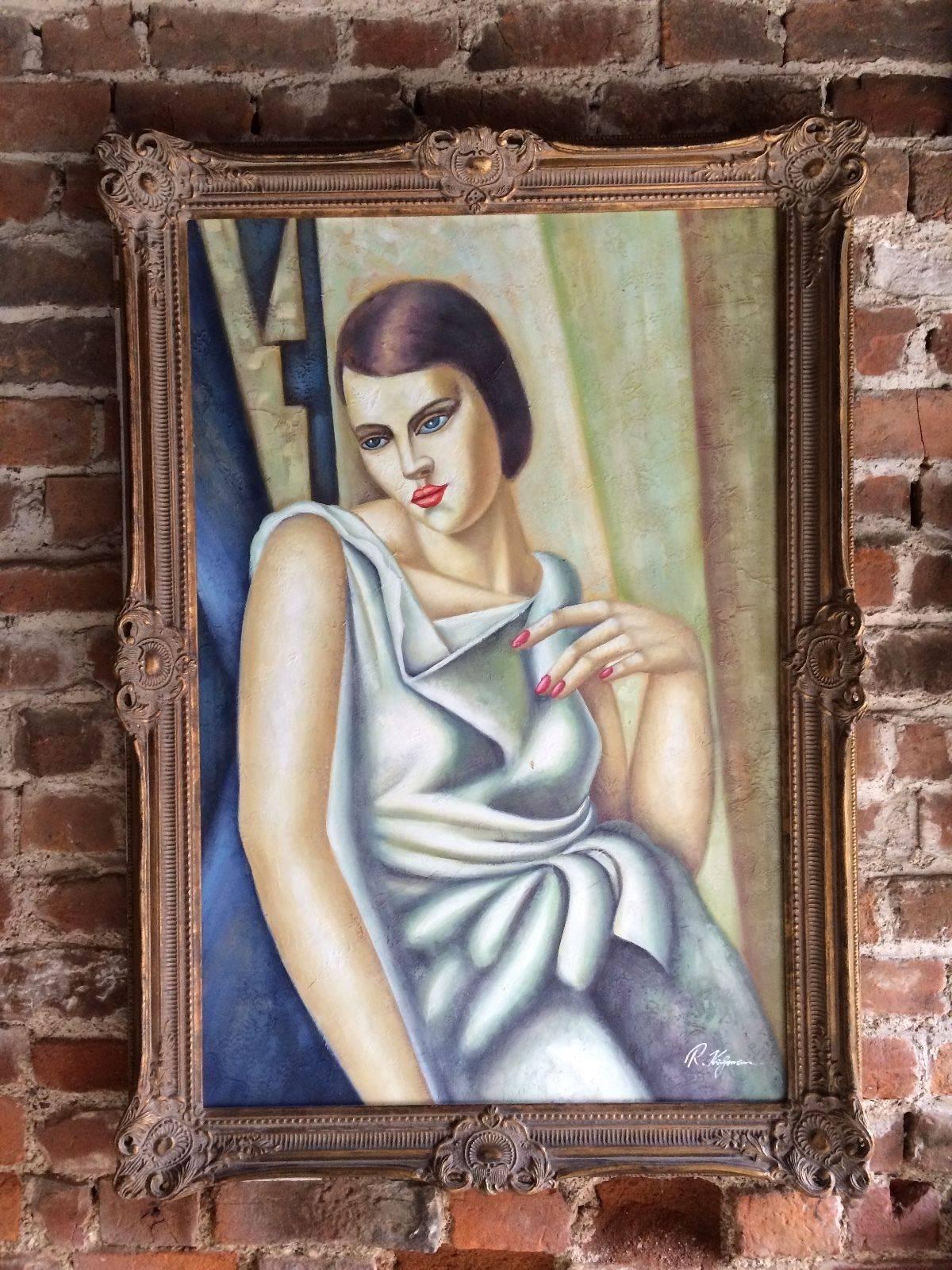 R Kingman. An oil on canvas painting of an American Art Deco lady being framed and signed bottom right R Kingman.