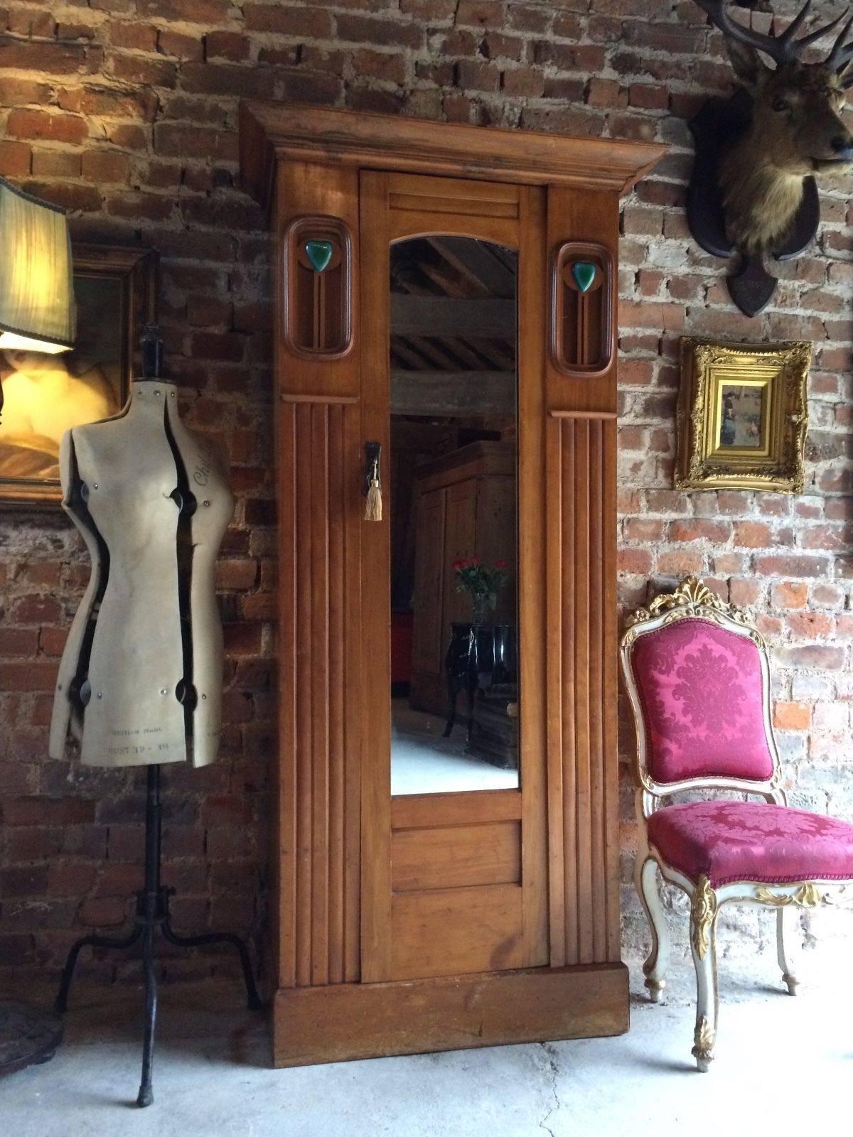 20th Century Antique Arts & Crafts Single Wardrobe Walnut Armoire Mirror Fronted