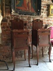 Antique French Bedside Tables Pair Louis XV Style Side Mahogany Marble