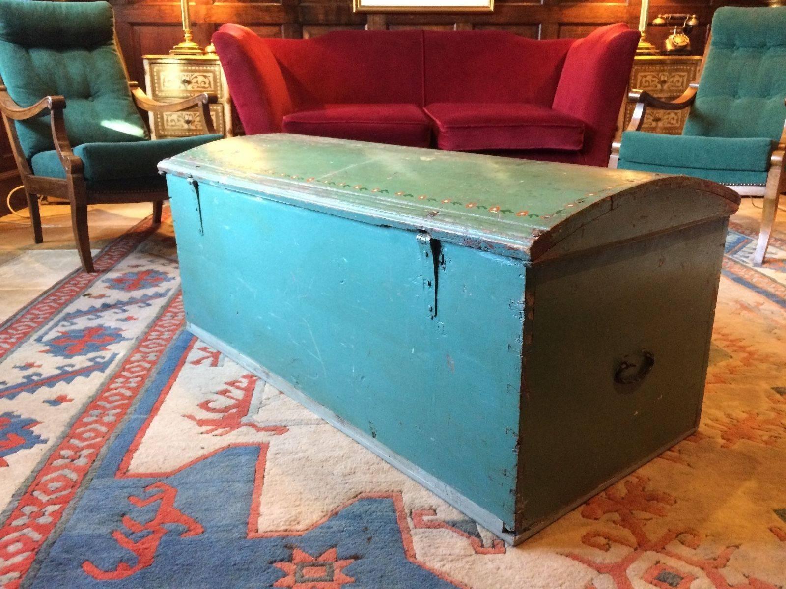 A beautiful and original antique early 19th century (George III era) Scandinavian green painted pine dome topped blanket box with painted floral decoration, monogrammed with the initials JCD and dated 1835, the domed top opens and closes easily with