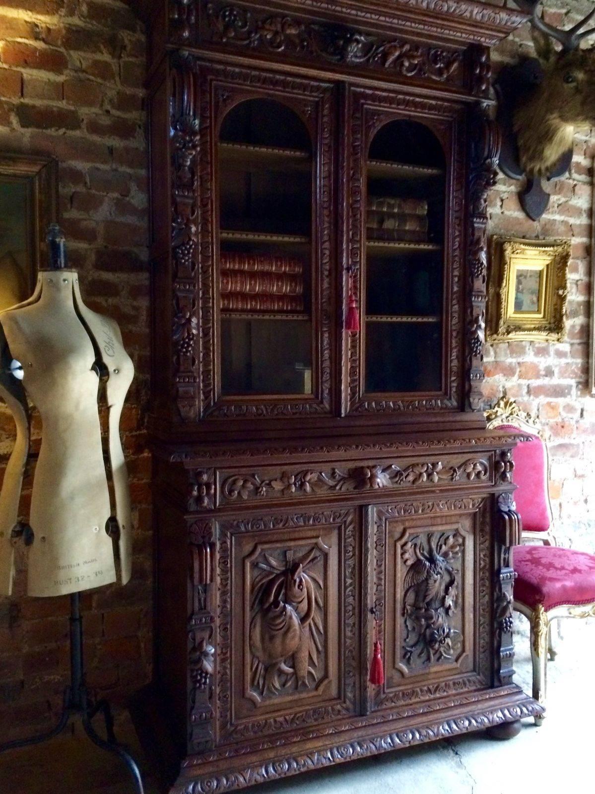 Antique French Cabinet Cupboard Dresser Bookcase Oak Carved Gothic Victorian  In Excellent Condition In Longdon, Tewkesbury
