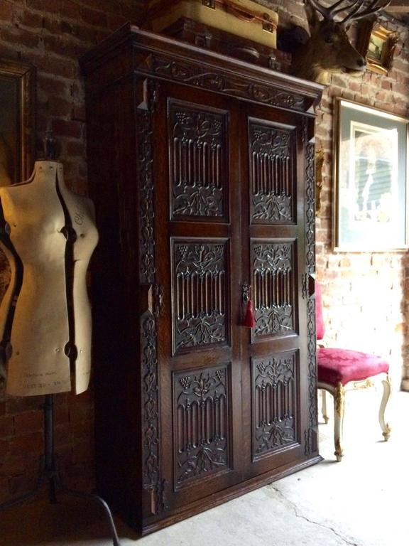 Antique Wardrobe Armoire Solid Oak Gothic Heavily Carved Edwardian at