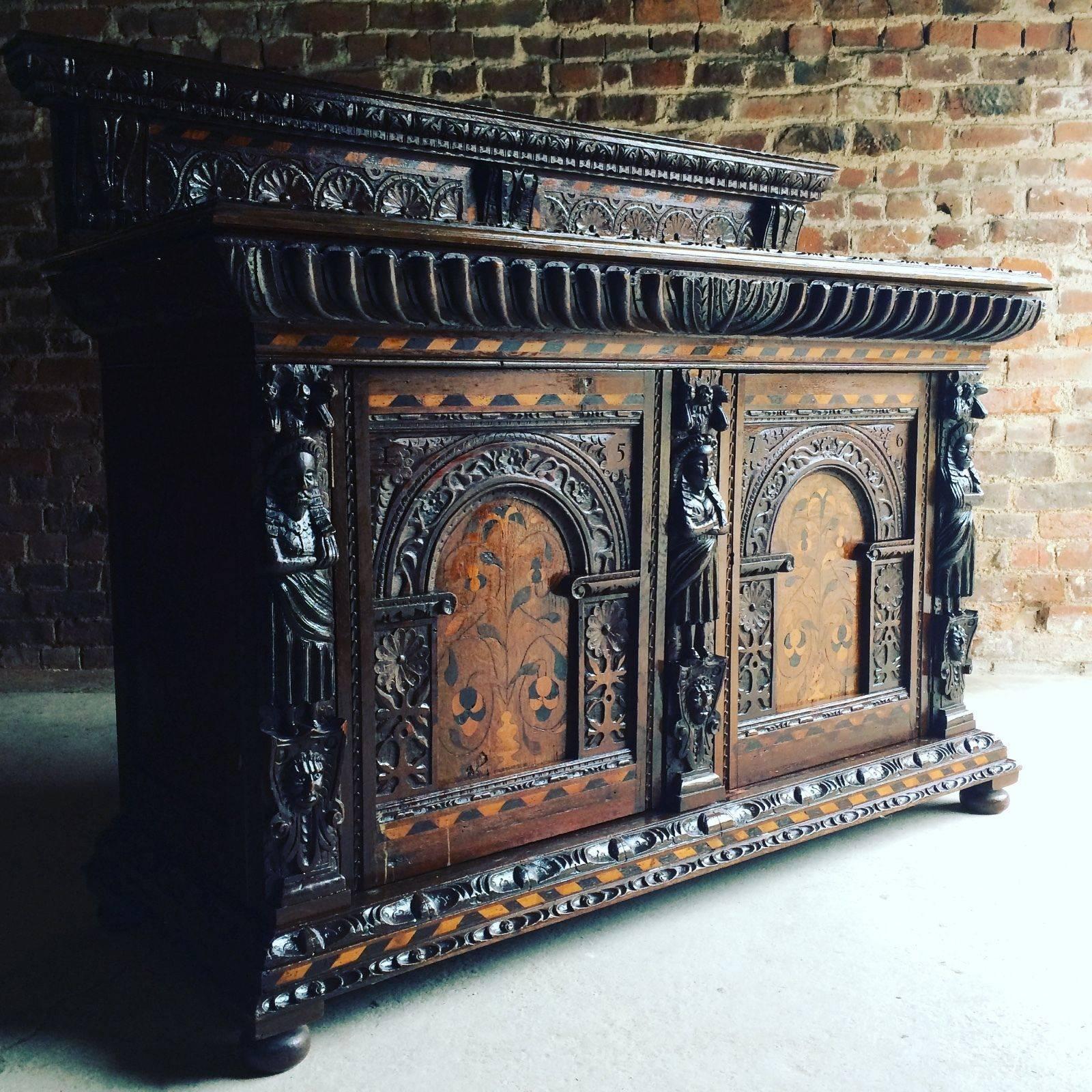 18th Century and Earlier Rare 16th Century Sideboard Buffet Credenza Solid Oak Elizabeth I, Dated 1576