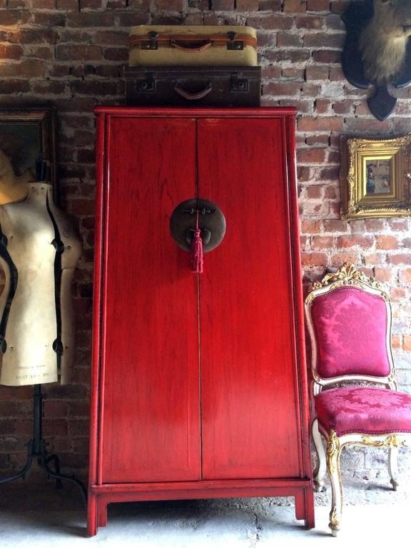 Antique Style Chinese Wardrobe Armoire Red Lacquered Oriental Shan Xi