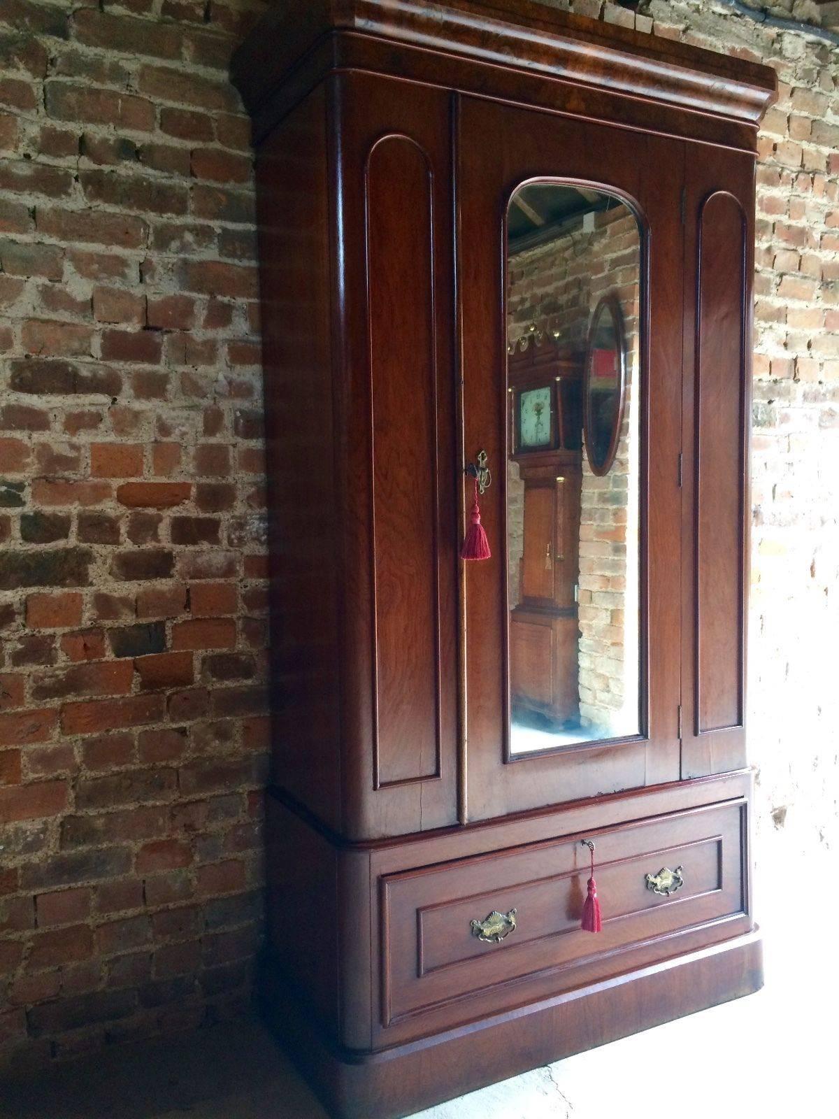 Antique Wardrobe Armoire Single Walnut Mirror Fronted Victorian, circa 1870 In Good Condition In Longdon, Tewkesbury