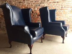 Pair of Antique Style Wing Back Armchairs Queen Anne Style Blue Leather