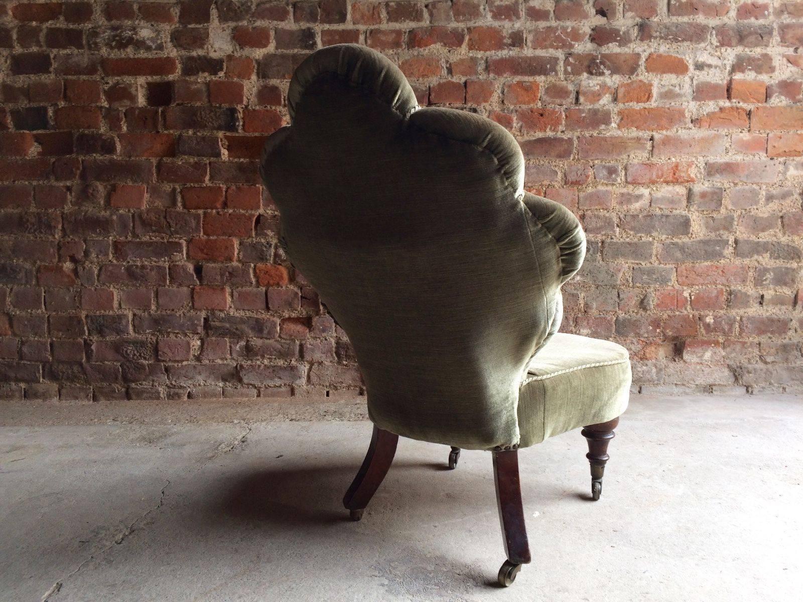Antique Nursing Chair Salon Chair Bedroom Victorian 19th Century Green Velvet In Excellent Condition In Longdon, Tewkesbury