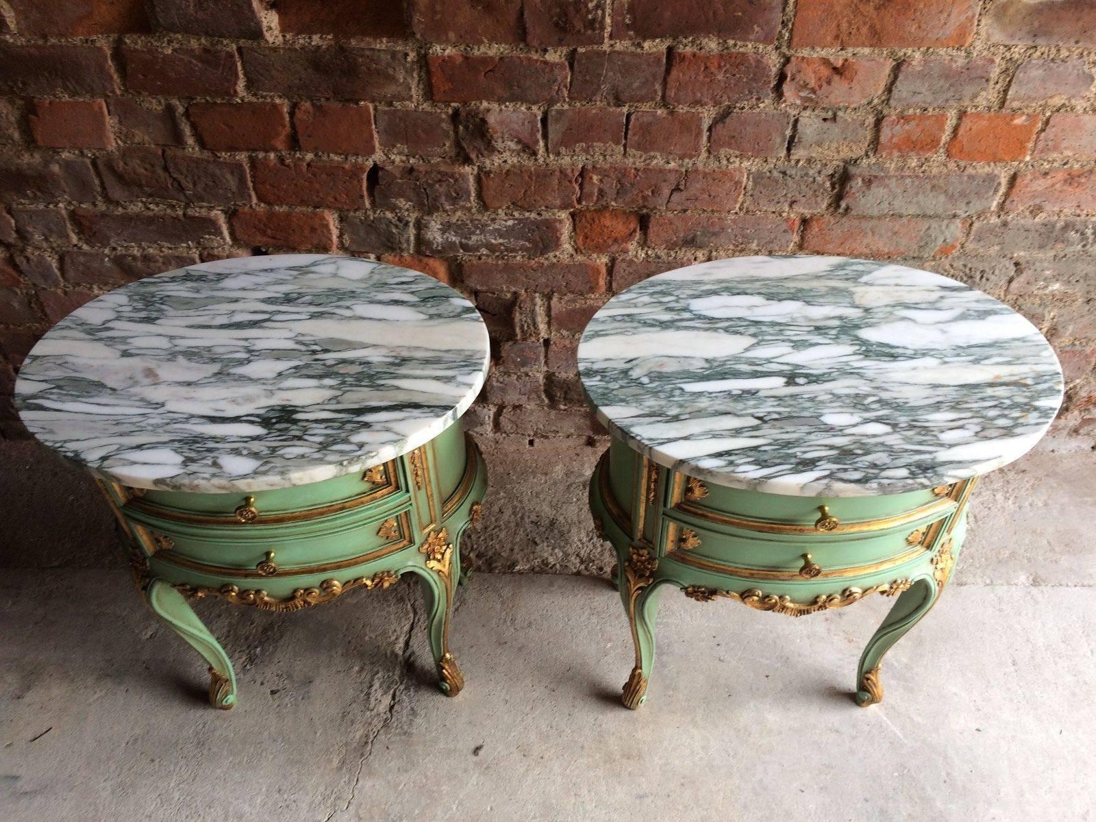 Gilt French Bedside Table Cabinets Nightstands Marble Painted Gilded Green Rococo