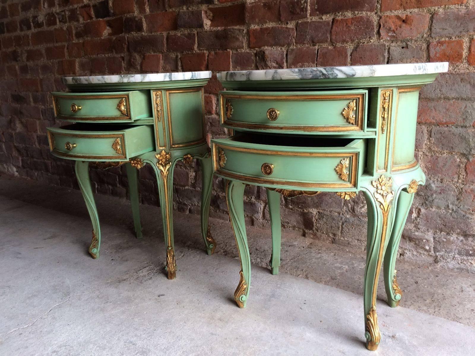 20th Century French Bedside Table Cabinets Nightstands Marble Painted Gilded Green Rococo