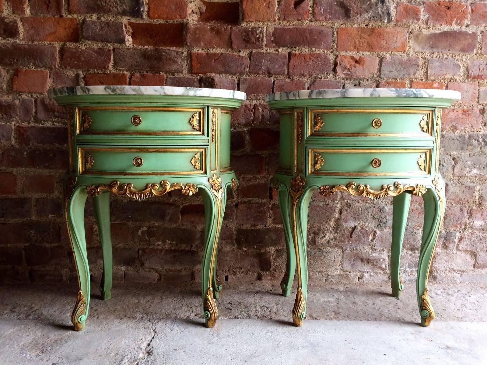 French Bedside Table Cabinets Nightstands Marble Painted Gilded Green Rococo In Excellent Condition In Longdon, Tewkesbury