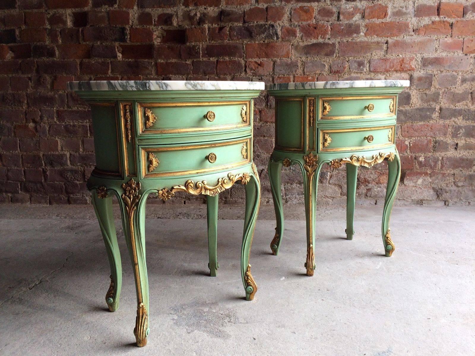 French Bedside Table Cabinets Nightstands Marble Painted Gilded Green Rococo 1
