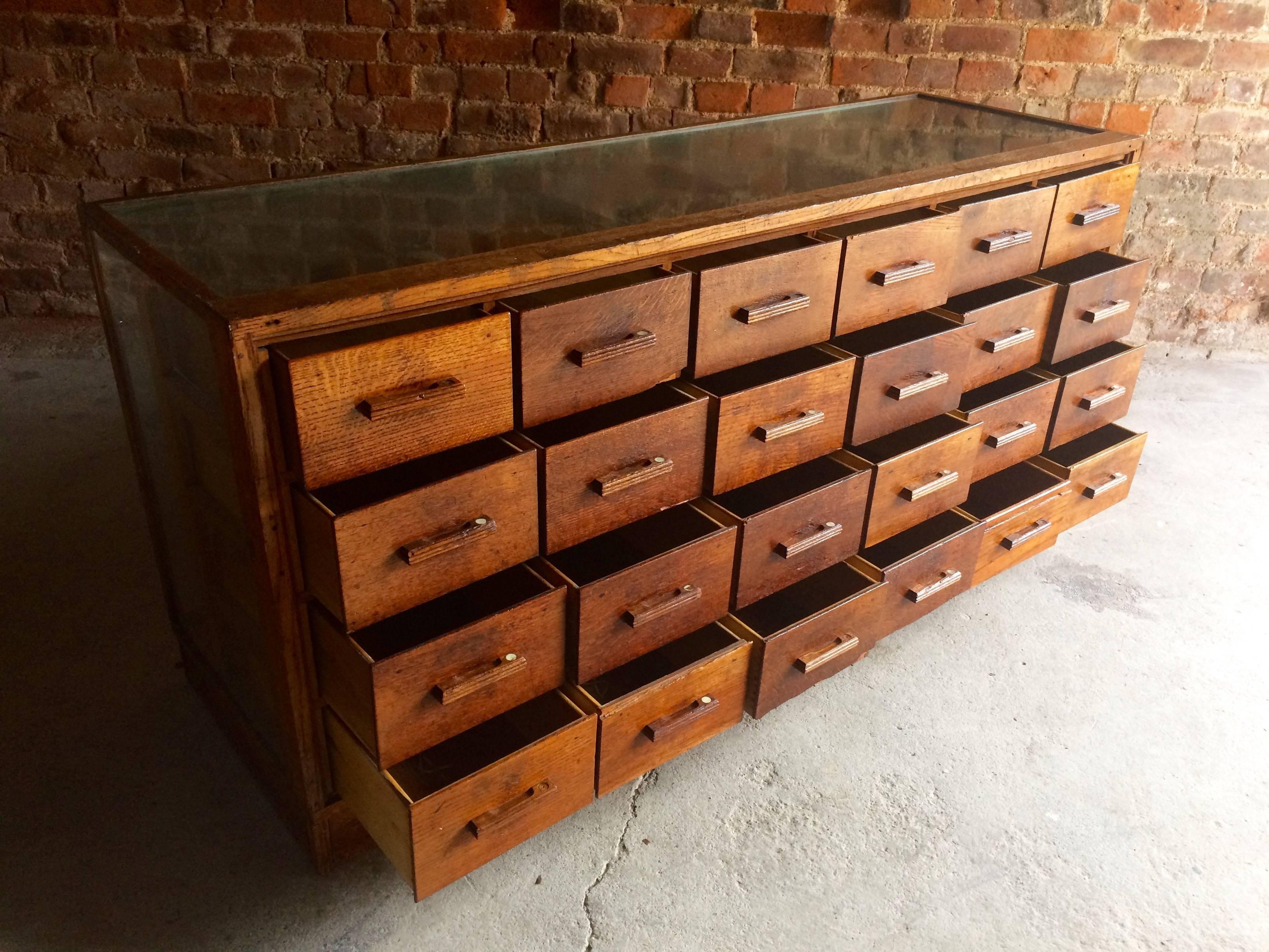 Glass Mid-Century Haberdashery Shop Counter Chest of Drawers Dresser Industrial Oak
