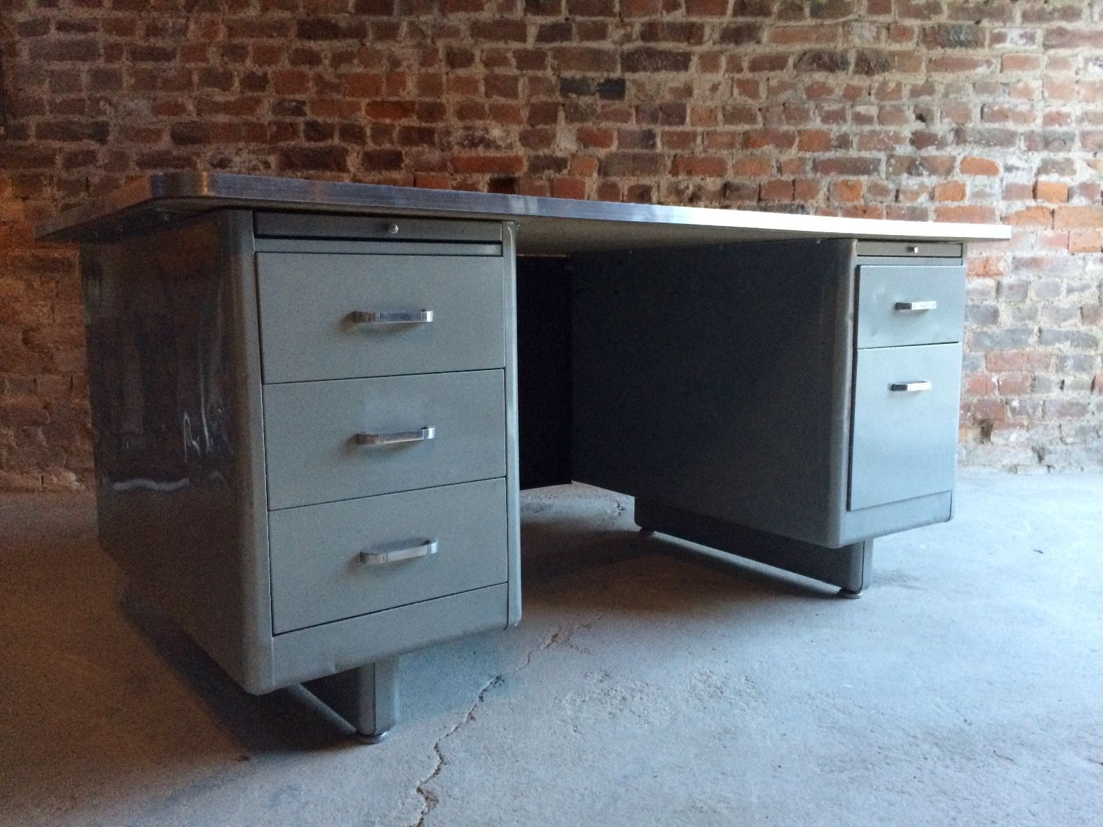 Industrial Tanker Desk Twin Pedestal Steel Mid Century Vintage Silver At 1stdibs