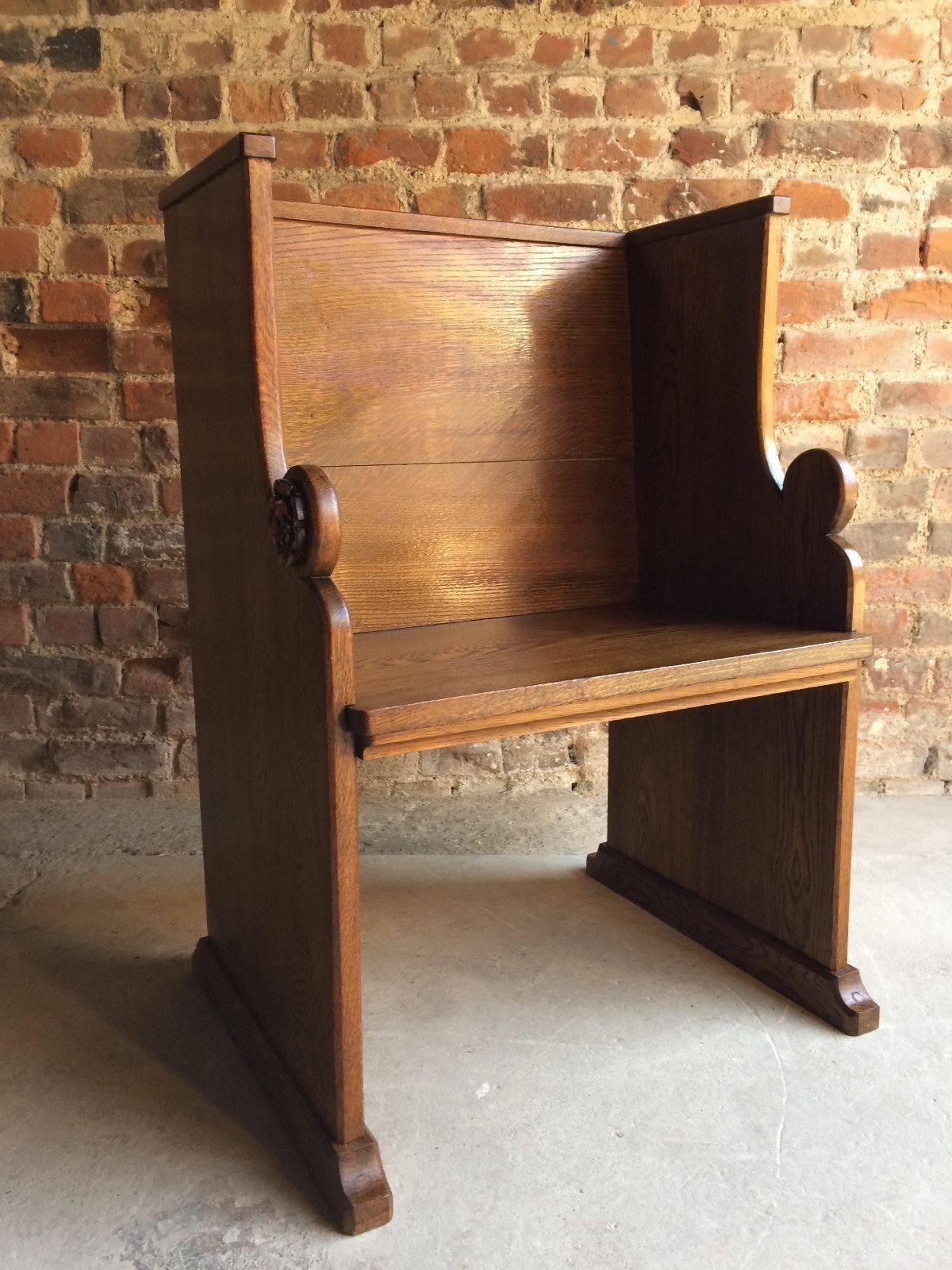 20th Century Church Pew Priests Bench Settle Solid Oak Antique Gothic Pugin Style