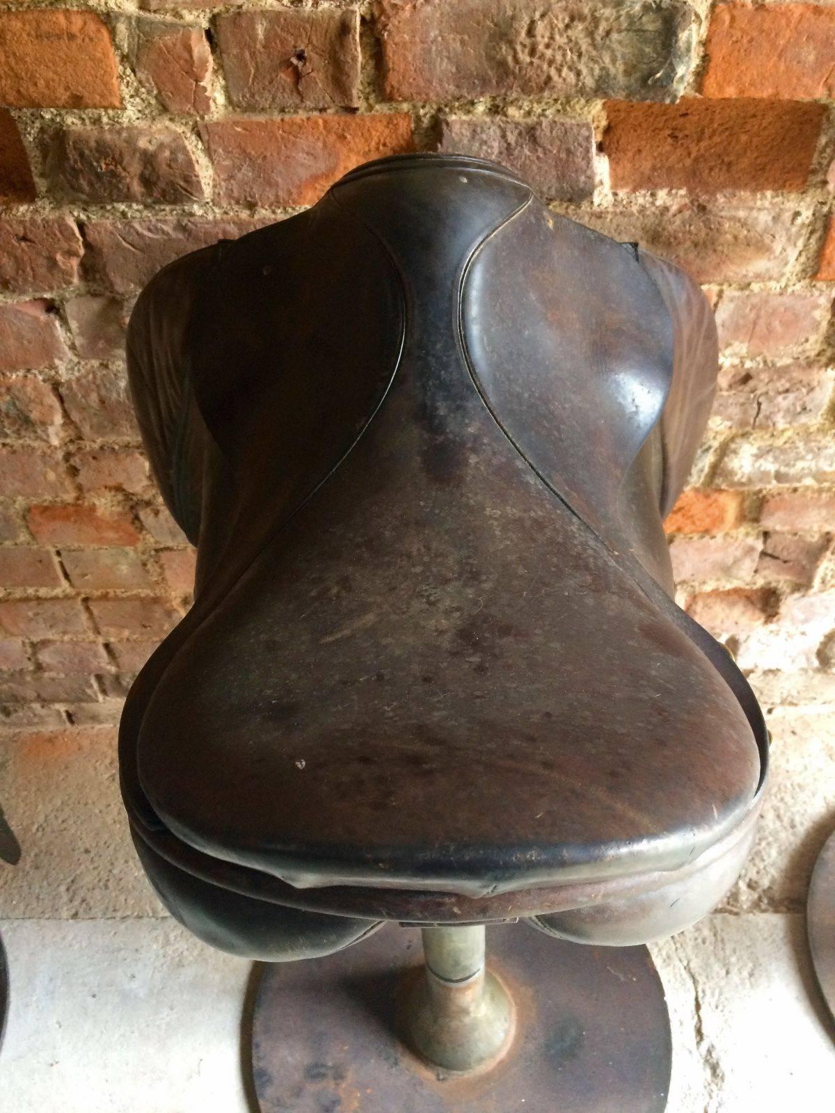 20th Century Industrial Bar Stools Leather Horse Saddle Three Steel Base Vintage