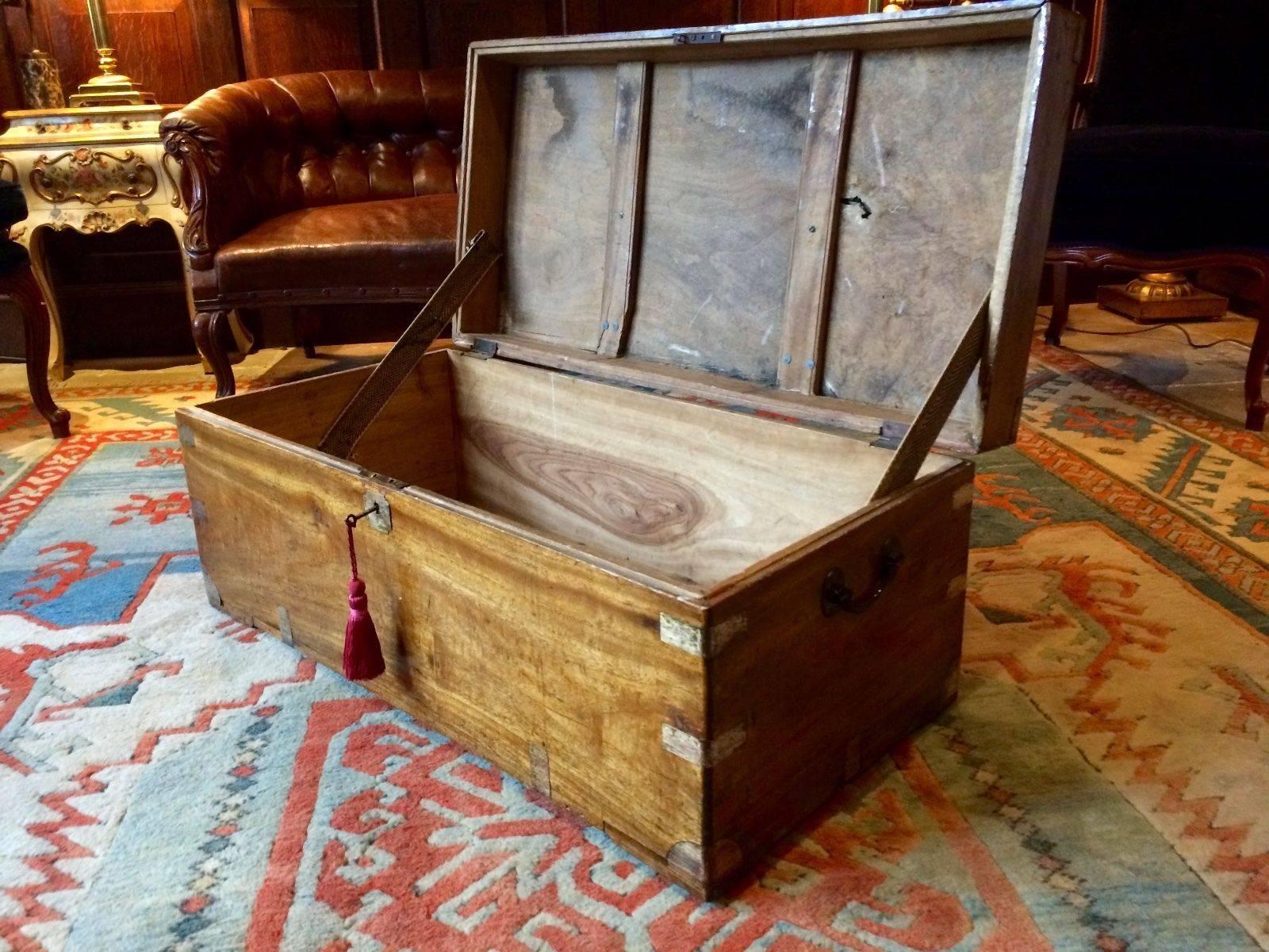 A fabulous antique Victorian camphor wood campaign chest, the chest is offered in super original condition, brass bound, original brass name plate to top with heavy brass carry handles to the sides, comes with one working key and tassel.