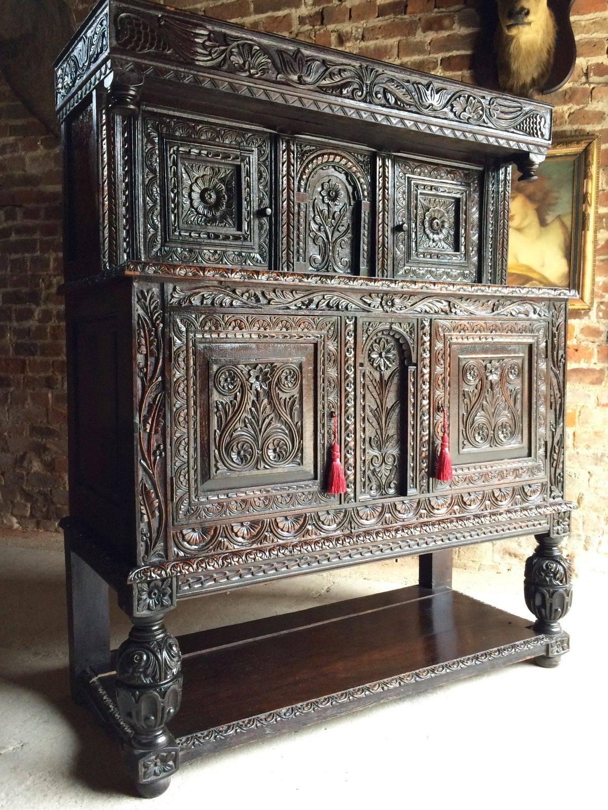 Jacobean Antique Sideboard Credenza Court Cupboard 18th Century George III Carved Oak
